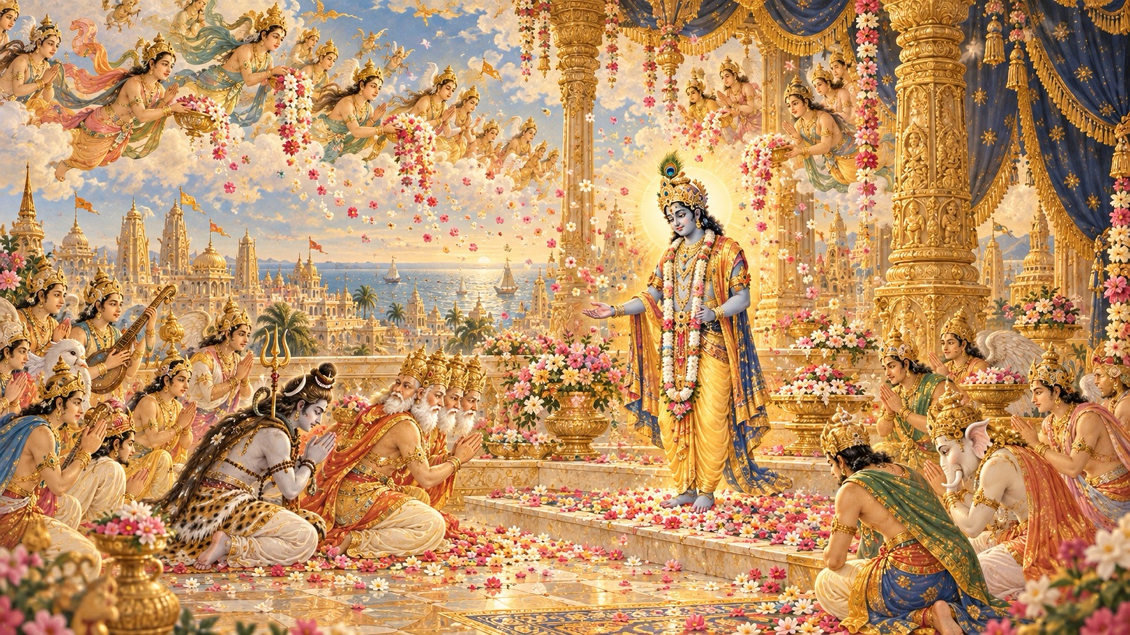 The gods showering heavenly flowers upon Sri Krishna and bowing to His lotus-feet with hymns of praise
