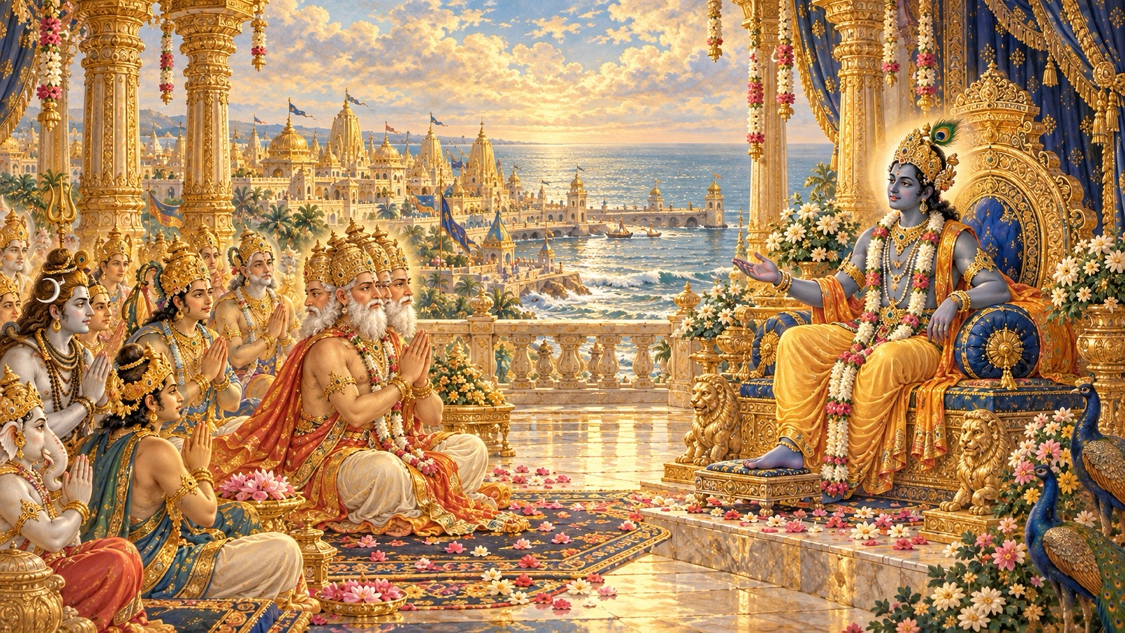 Sri Krishna seated in majesty consenting to the gods' request to withdraw the Yadu dynasty
