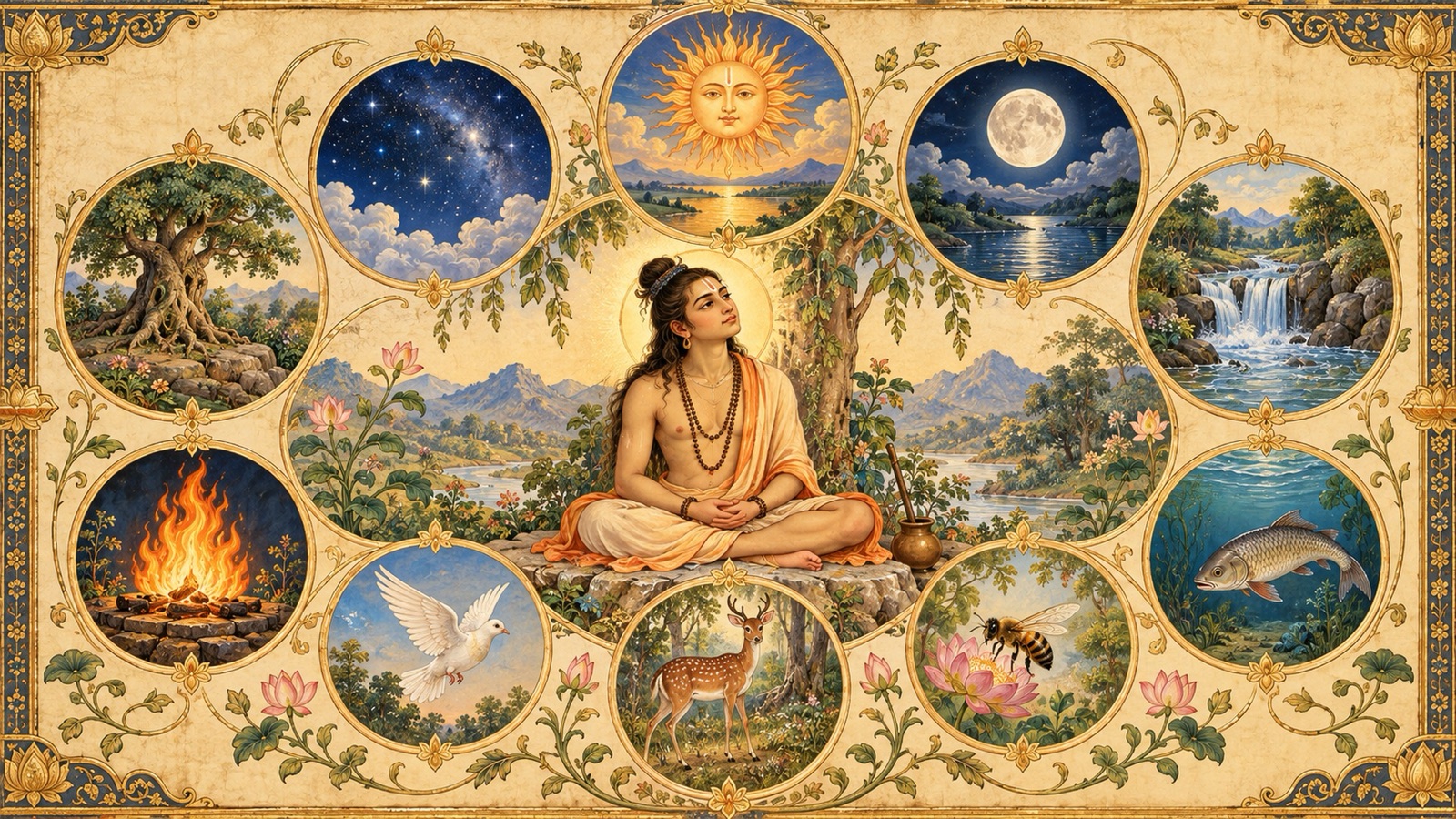 A reverent panel evoking the ascetic's twenty-four teachers among the elements, heavens and creatures