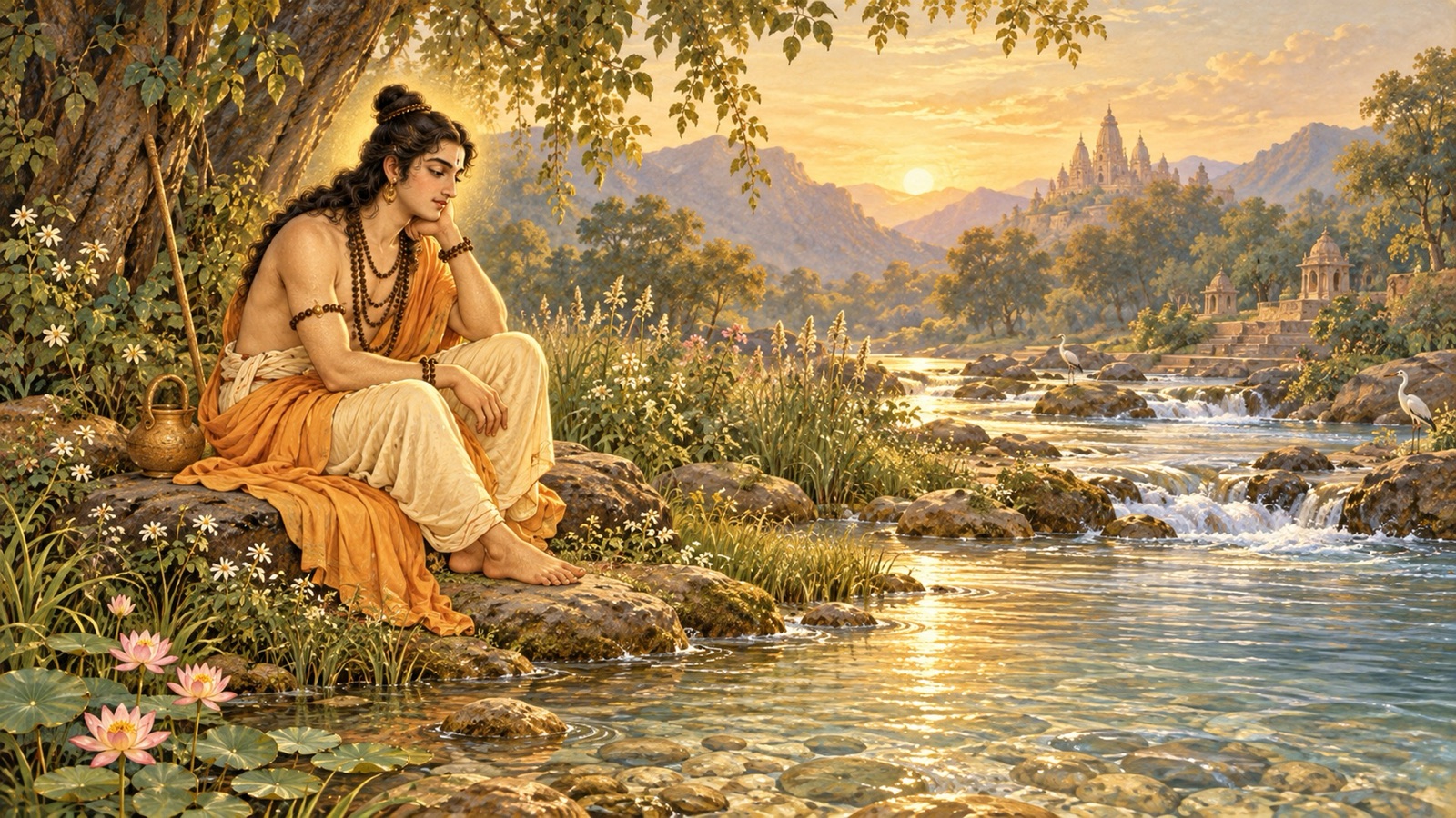 A serene sage beside clear flowing water, symbolizing the purity and gentleness learned from water