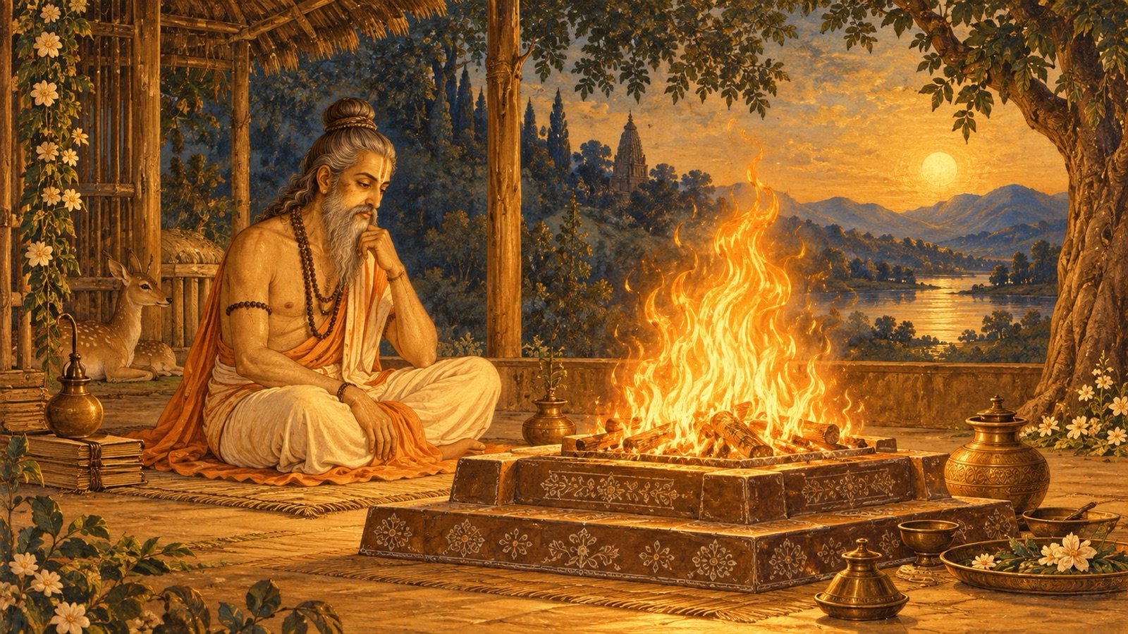 A radiant sacred fire on an altar, symbolizing the purity and detachment the ascetic learned from fire