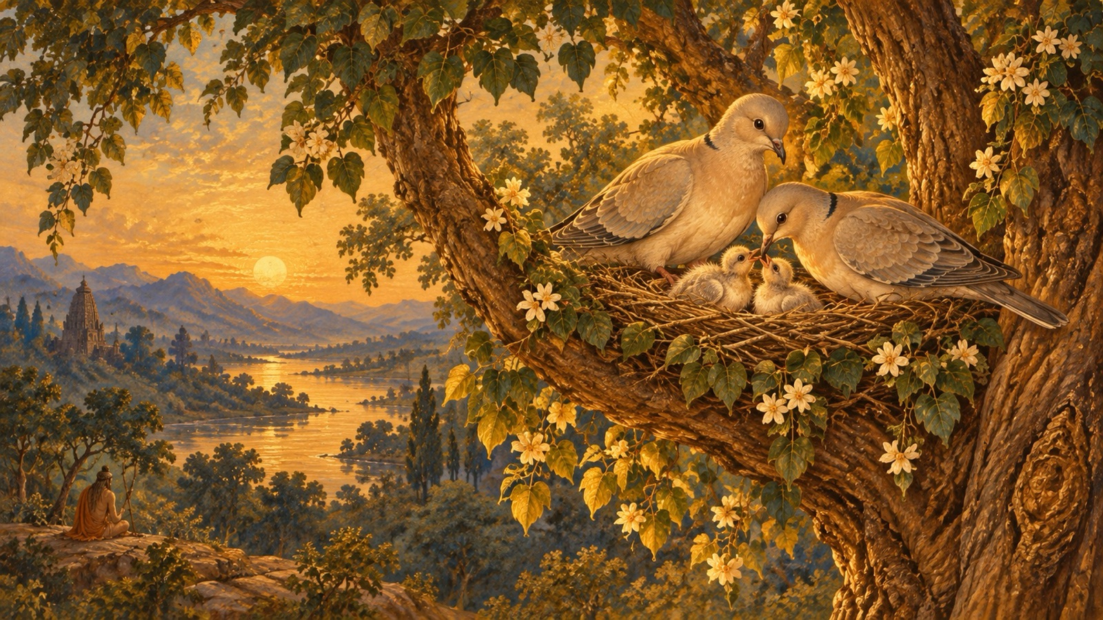 A pair of doves with their young in a forest nest, evoking the legend that warns against excessive attachment