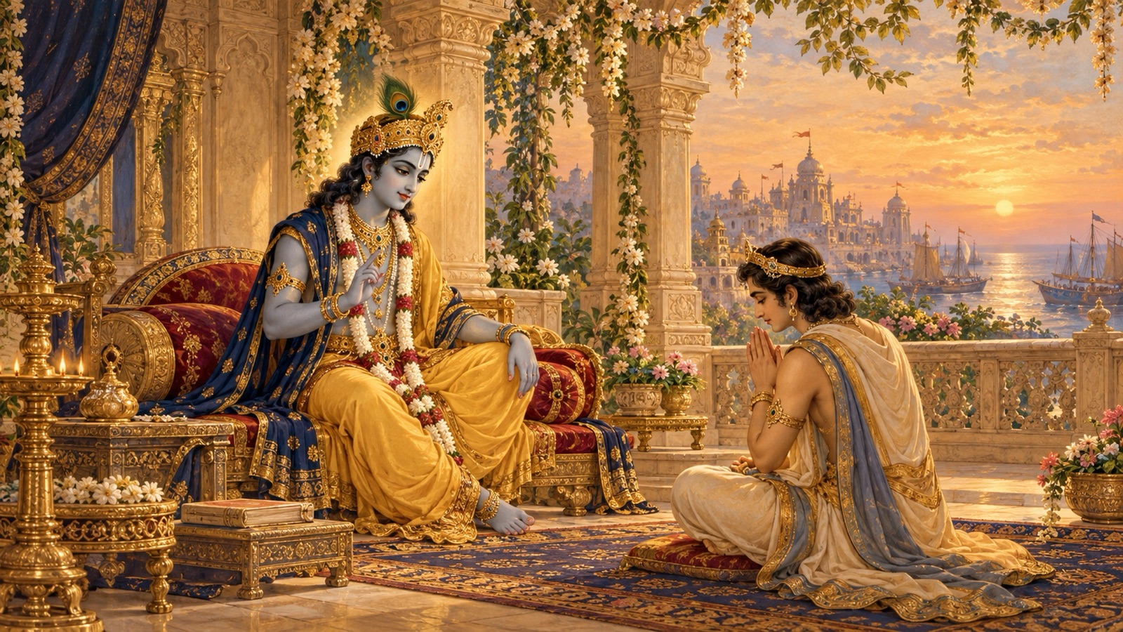 Lord Sri Krishna instructing His devoted servant Uddhava on the eve of His departure from the world
