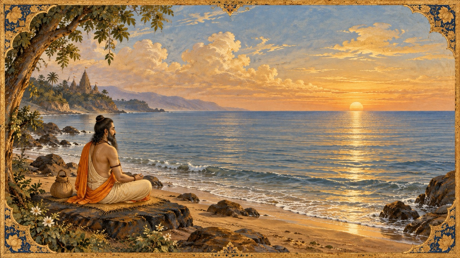 A serene sage contemplating a calm, level ocean, symbolizing the equanimity learned from the sea