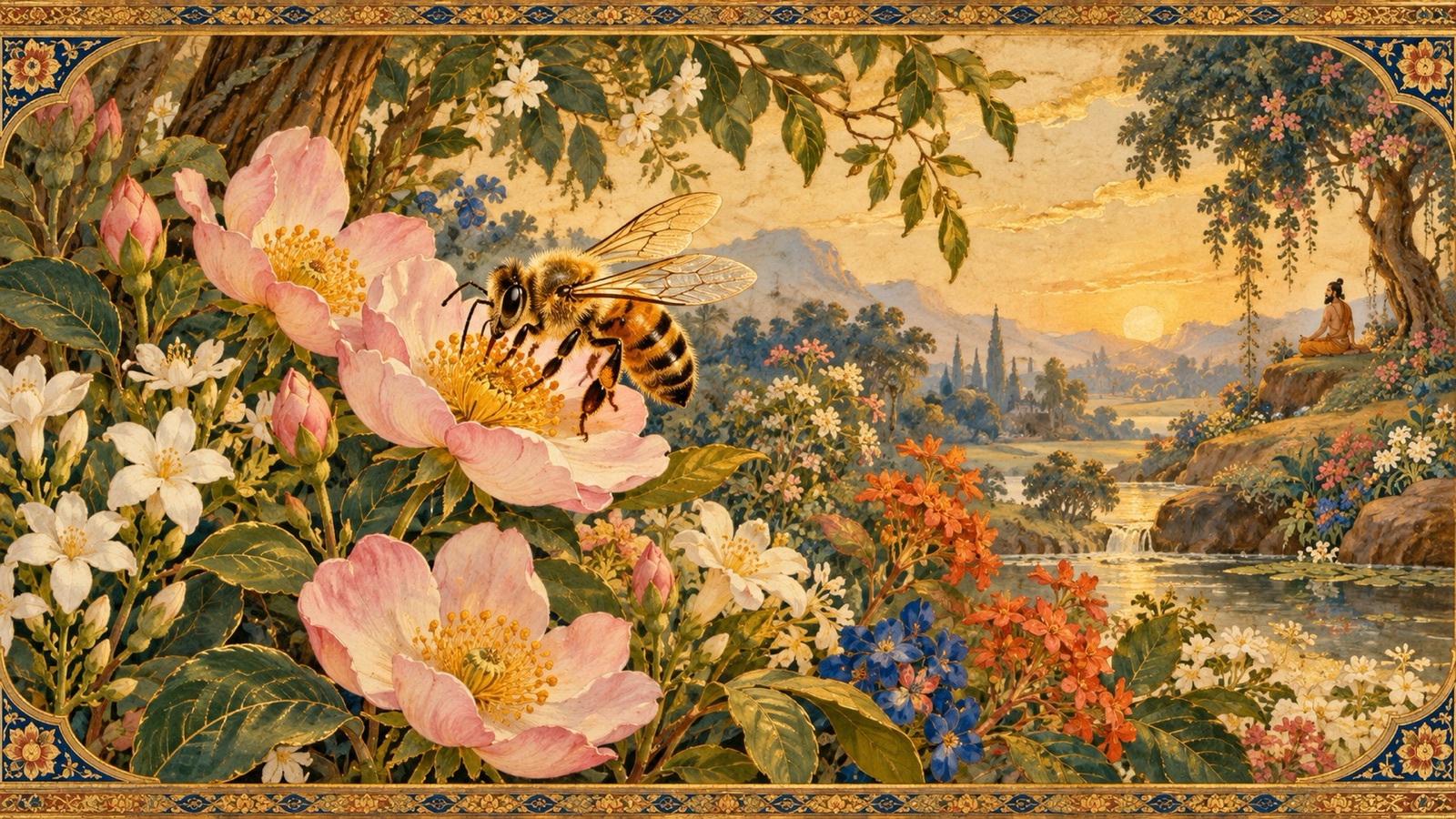 A bee gathering nectar from many flowers, symbolizing the discernment and moderation learned from the bee