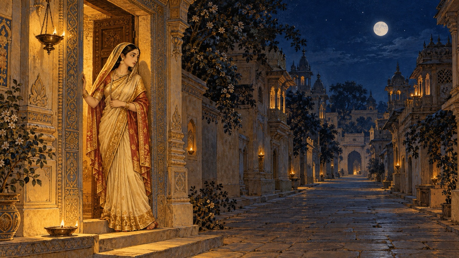 Pingala the courtesan standing adorned at her doorway at night, waiting for a patron
