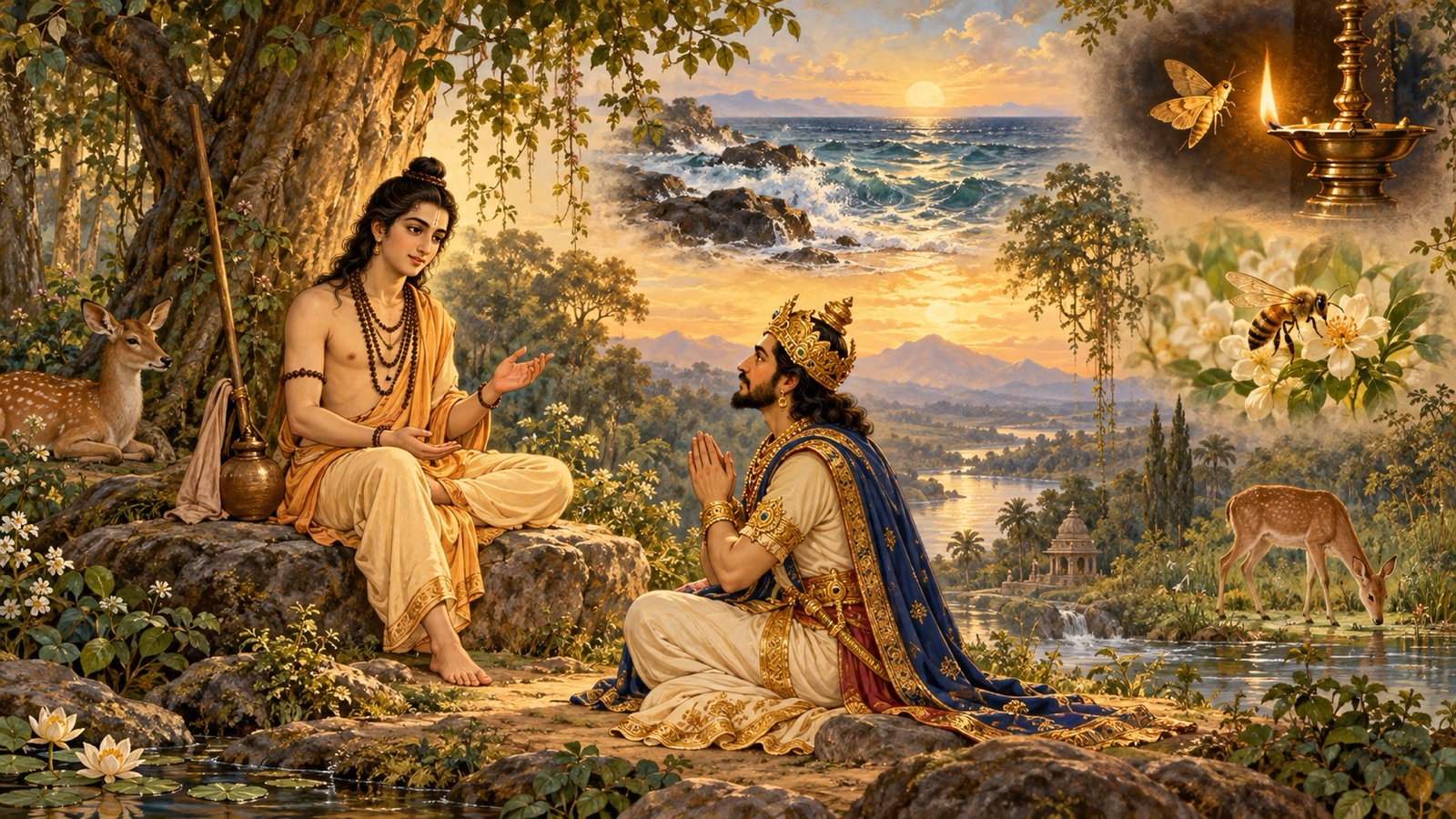 A serene wandering ascetic instructing King Yadu about nine more of his teachers drawn from nature and life