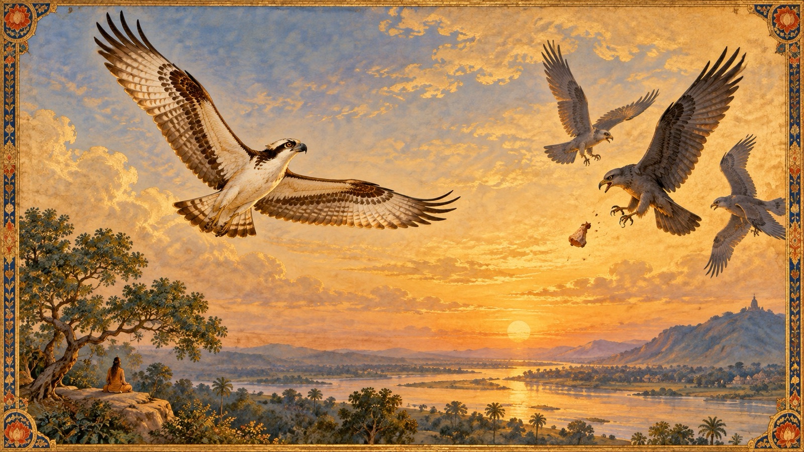 An osprey releasing its prey as stronger birds pursue it, symbolizing the burden of possession