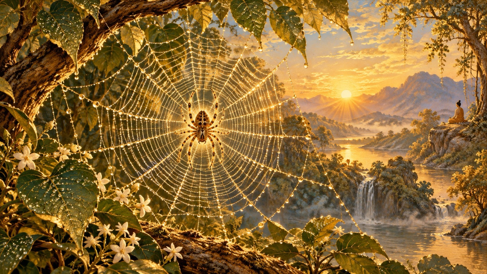 A spider spinning its web from itself, symbolizing the Lord who weaves and withdraws the worlds