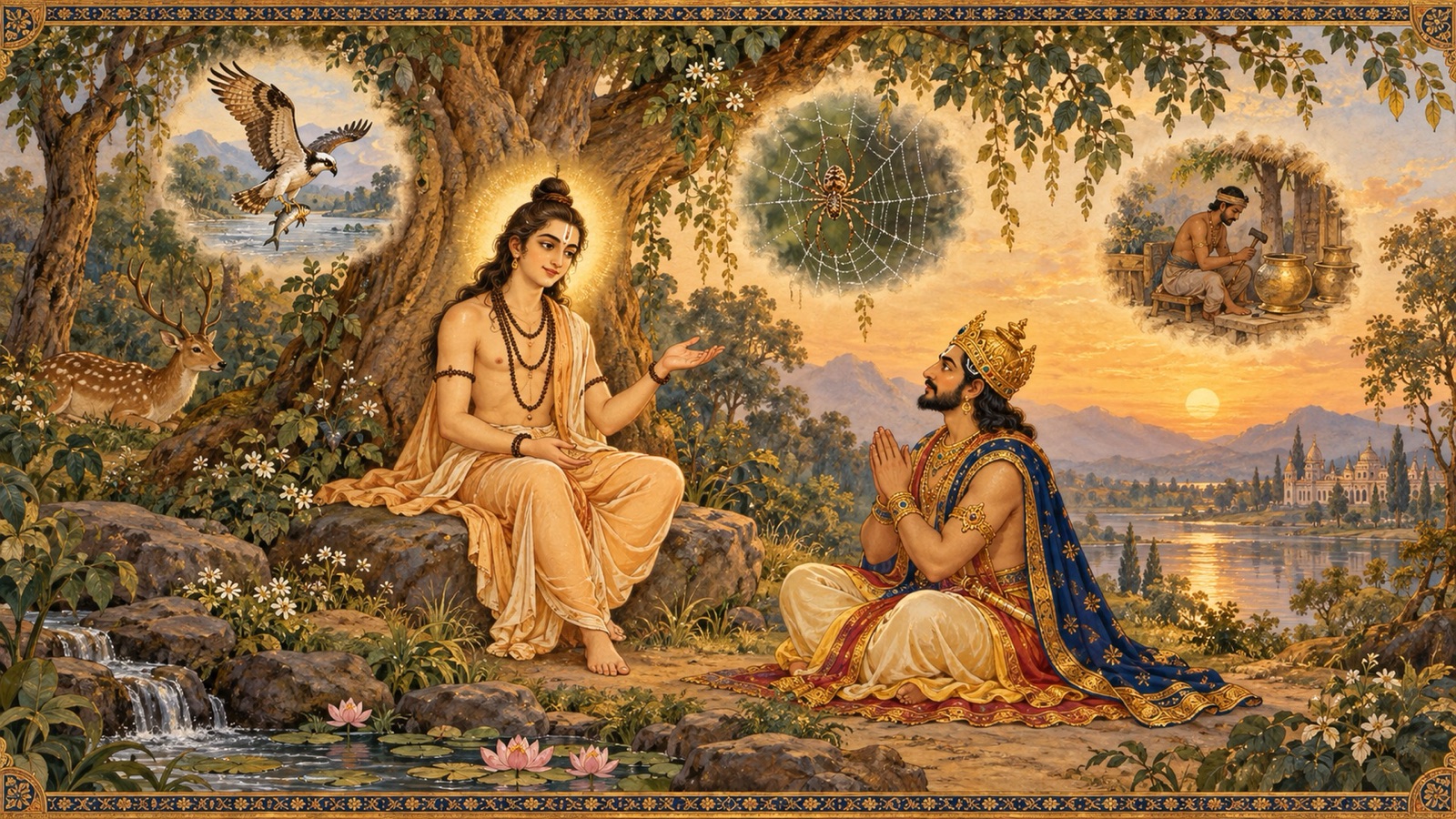 A serene wandering ascetic completing his discourse to King Yadu about his final teachers drawn from nature