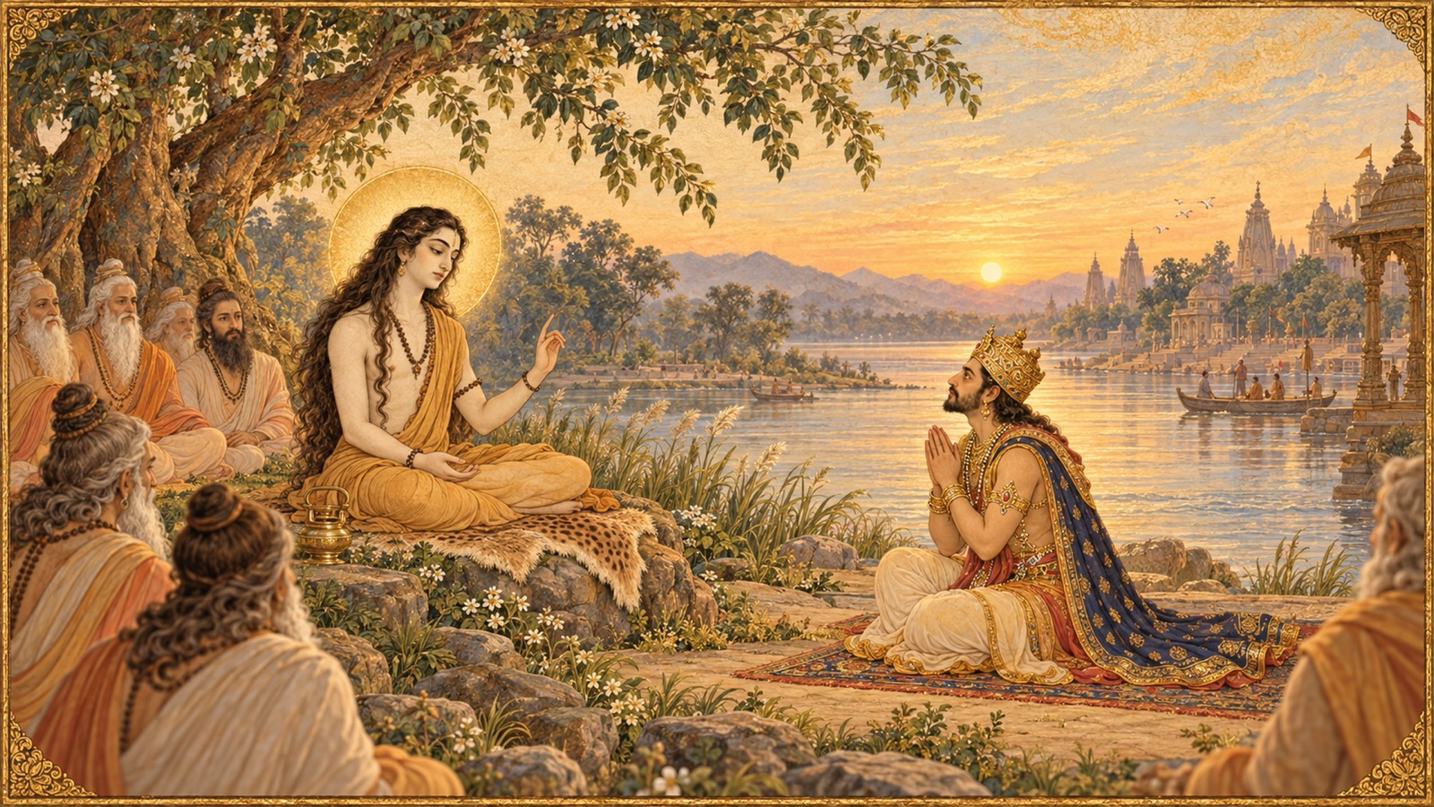 King Parikshit seated before the sage Sukadeva on the bank of the Ganga, asking his question