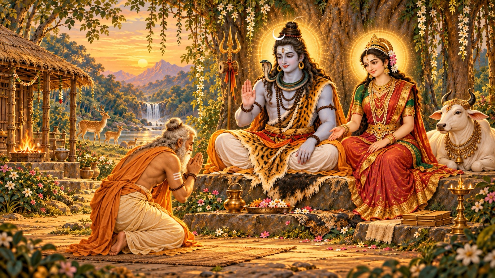 Lord Shiva with the Goddess Uma blessing the reverent sage Markandeya in his hermitage