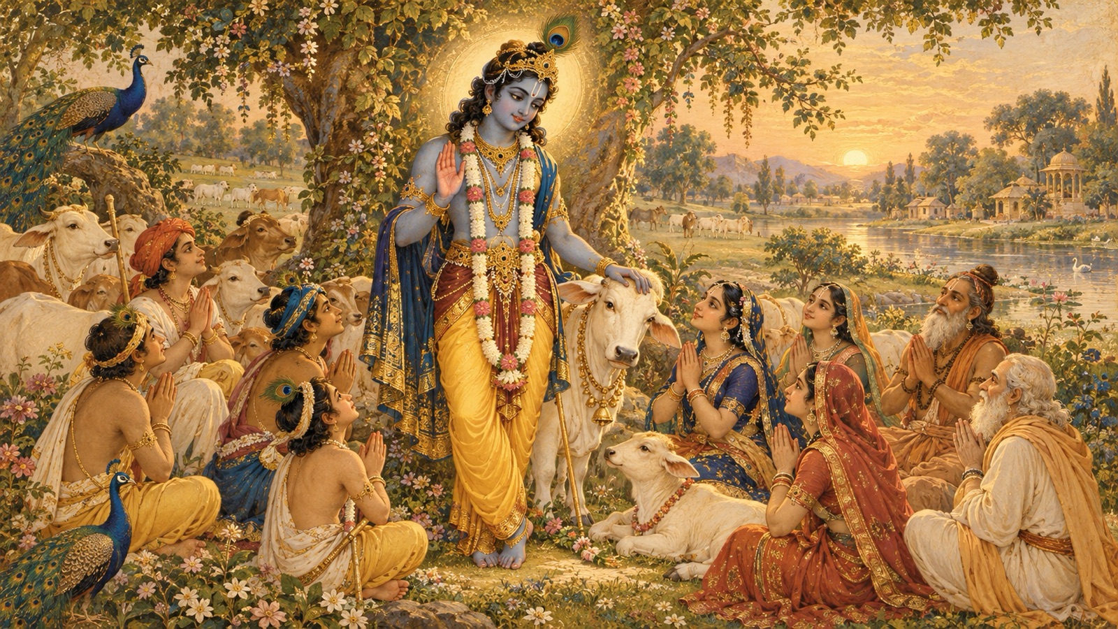 Devotees taking refuge in Sri Krishna, Govinda, whose glory is sung by the cowherd women of Vraja