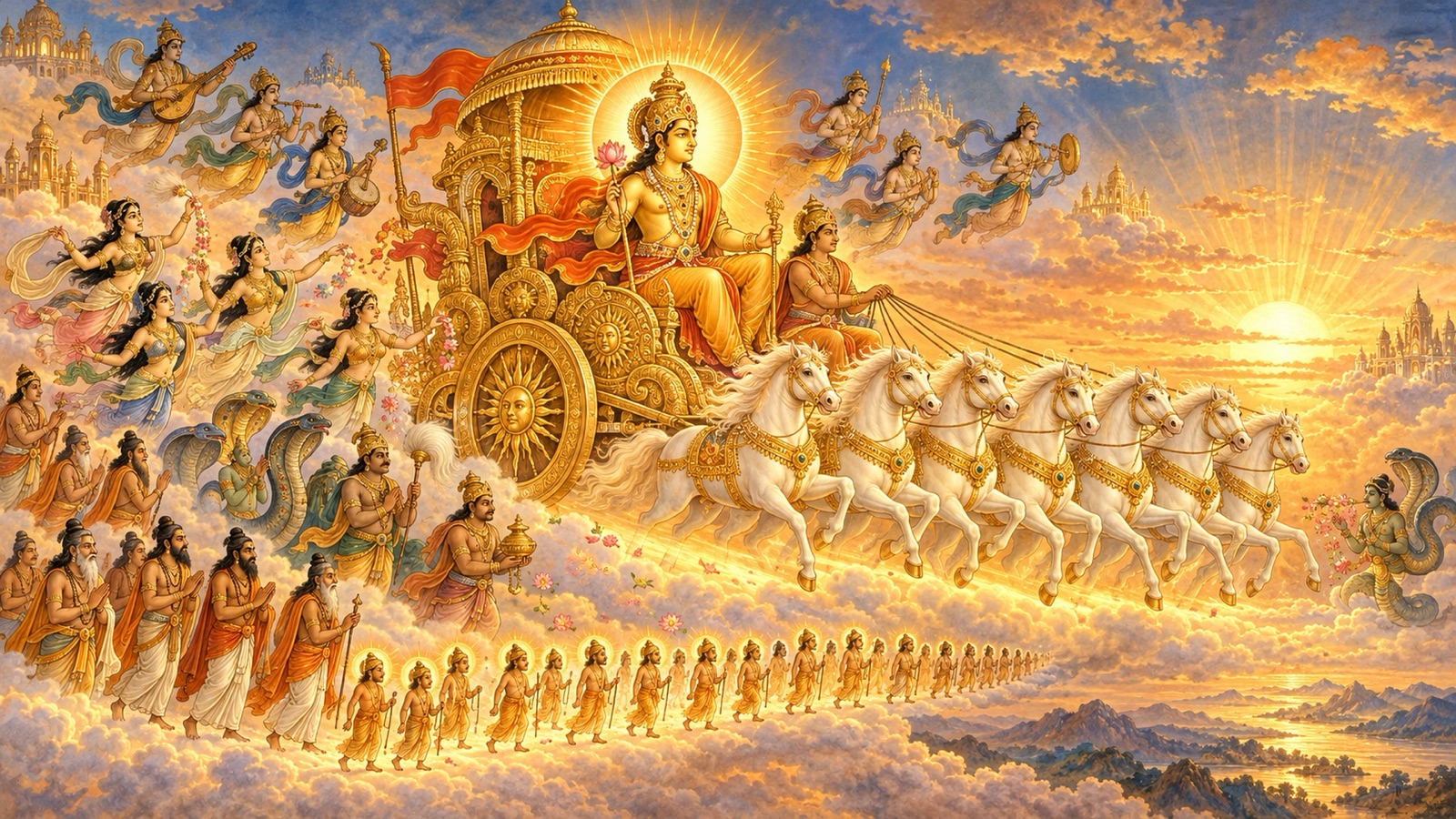 The radiant chariot of the Sun-god coursing through the year with sages, Gandharvas, Apsaras, and the Valakhilya sages