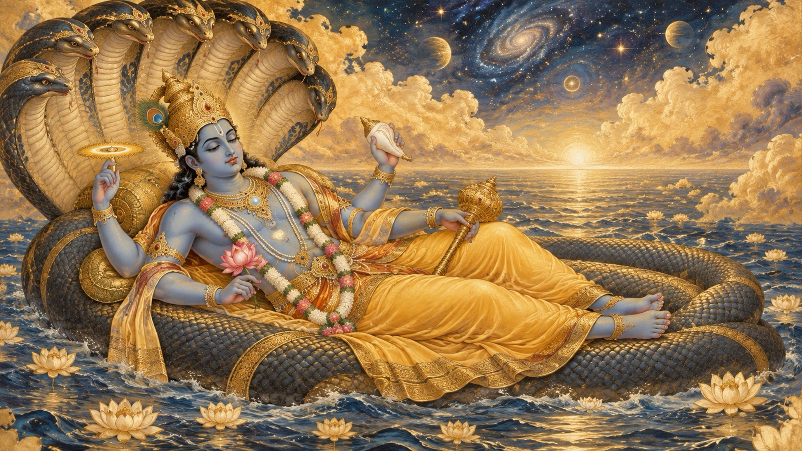 Lord Vishnu's meditative worship-form resting on the serpent Sesha, bearing conch, discus, mace, and lotus, each an emblem of a cosmic principle