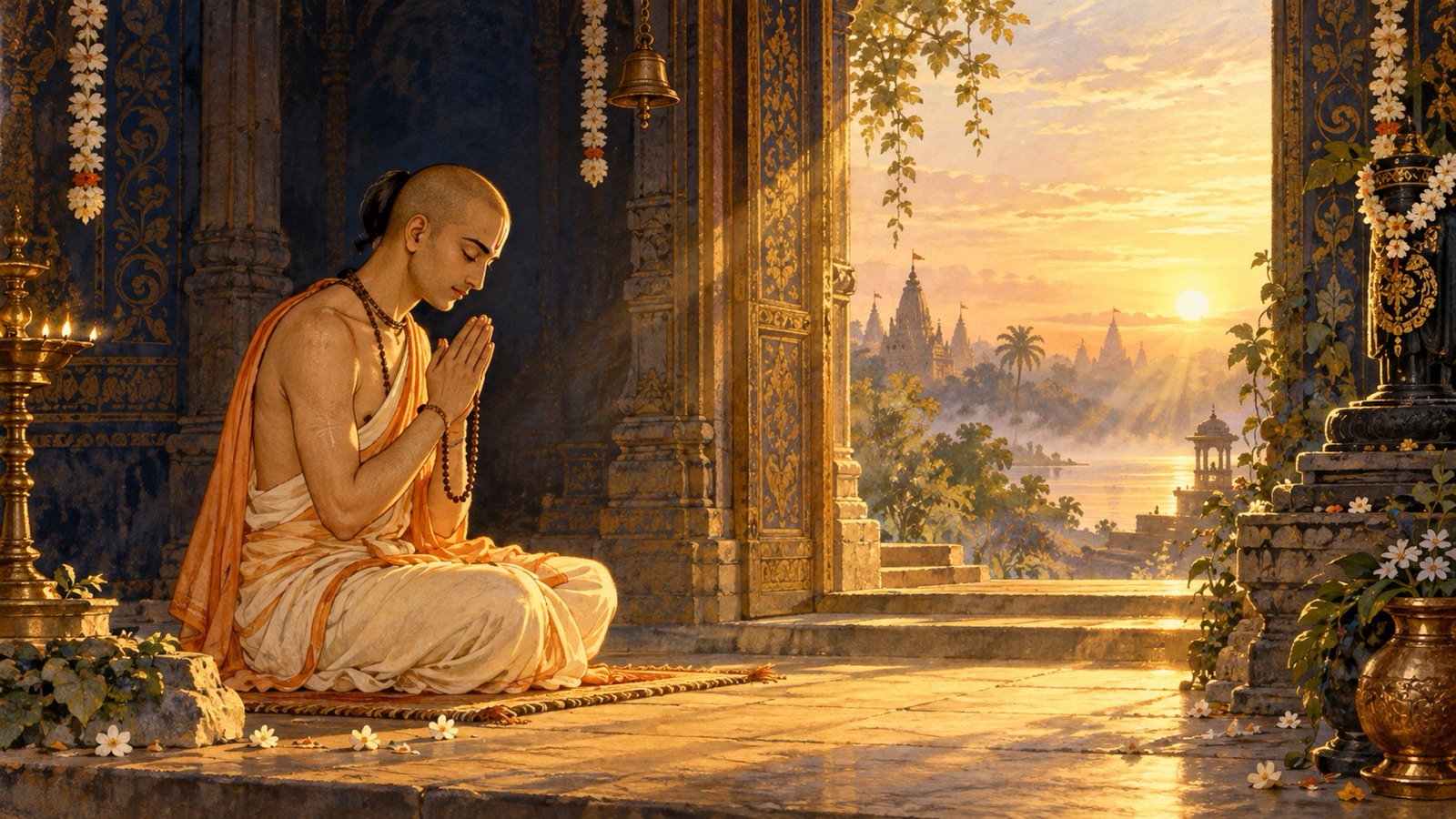 A devotee chanting the holy name of the Lord, sin dispelled like darkness before the rising sun