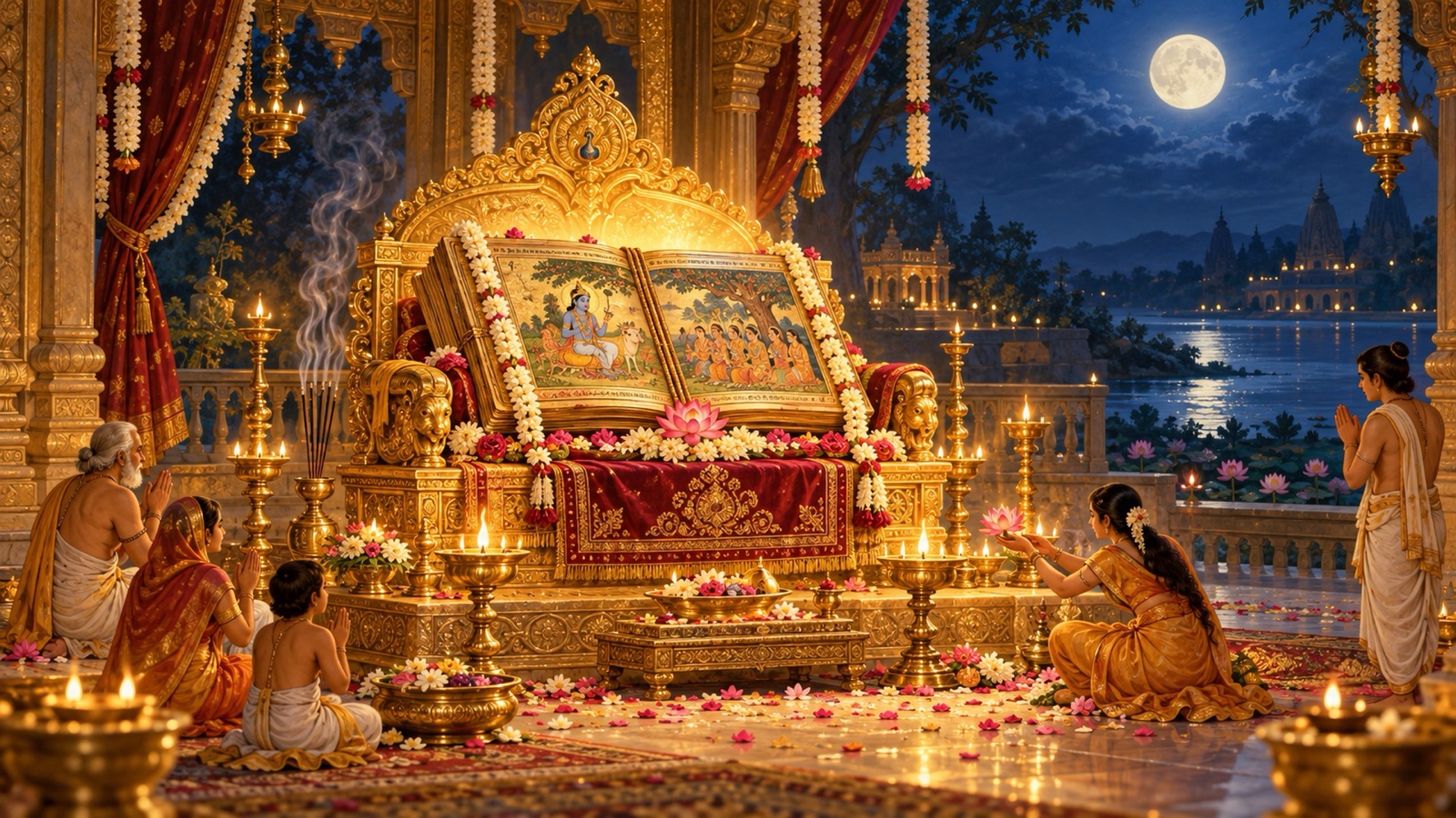 The sacred Bhagavata enshrined upon a golden throne, worshipped and gifted on the full moon of Bhadrapada