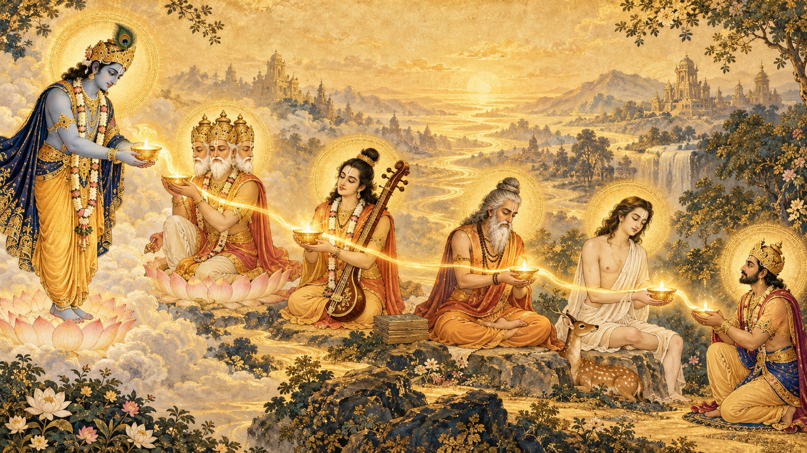 The lamp of divine wisdom passing from the Lord to Brahma, Narada, Vyasa, Suka, and King Pariksit