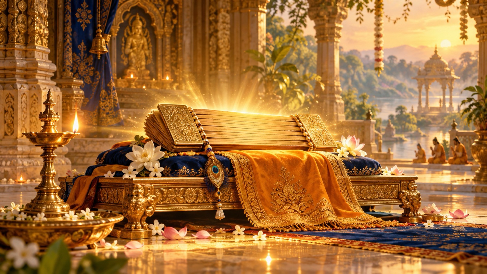 The sacred Bhagavata as a radiant lamp of divine wisdom, the cream of the Upanishads, enshrined in golden light
