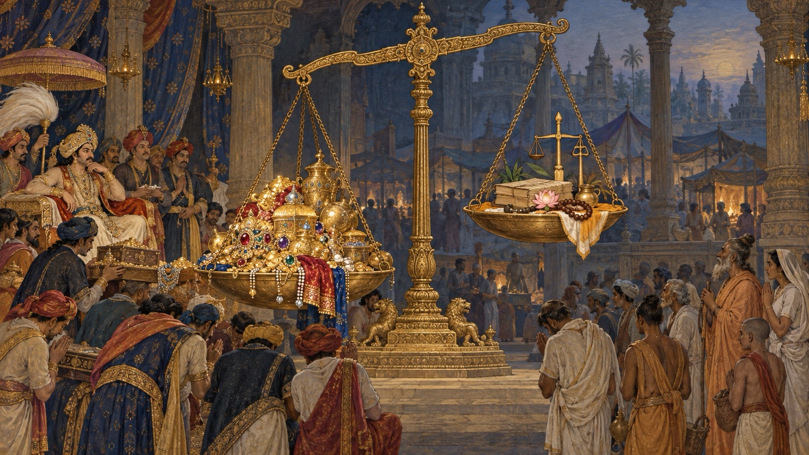 A symbolic scene of the age of Kali, where wealth is weighed as the measure of all human worth