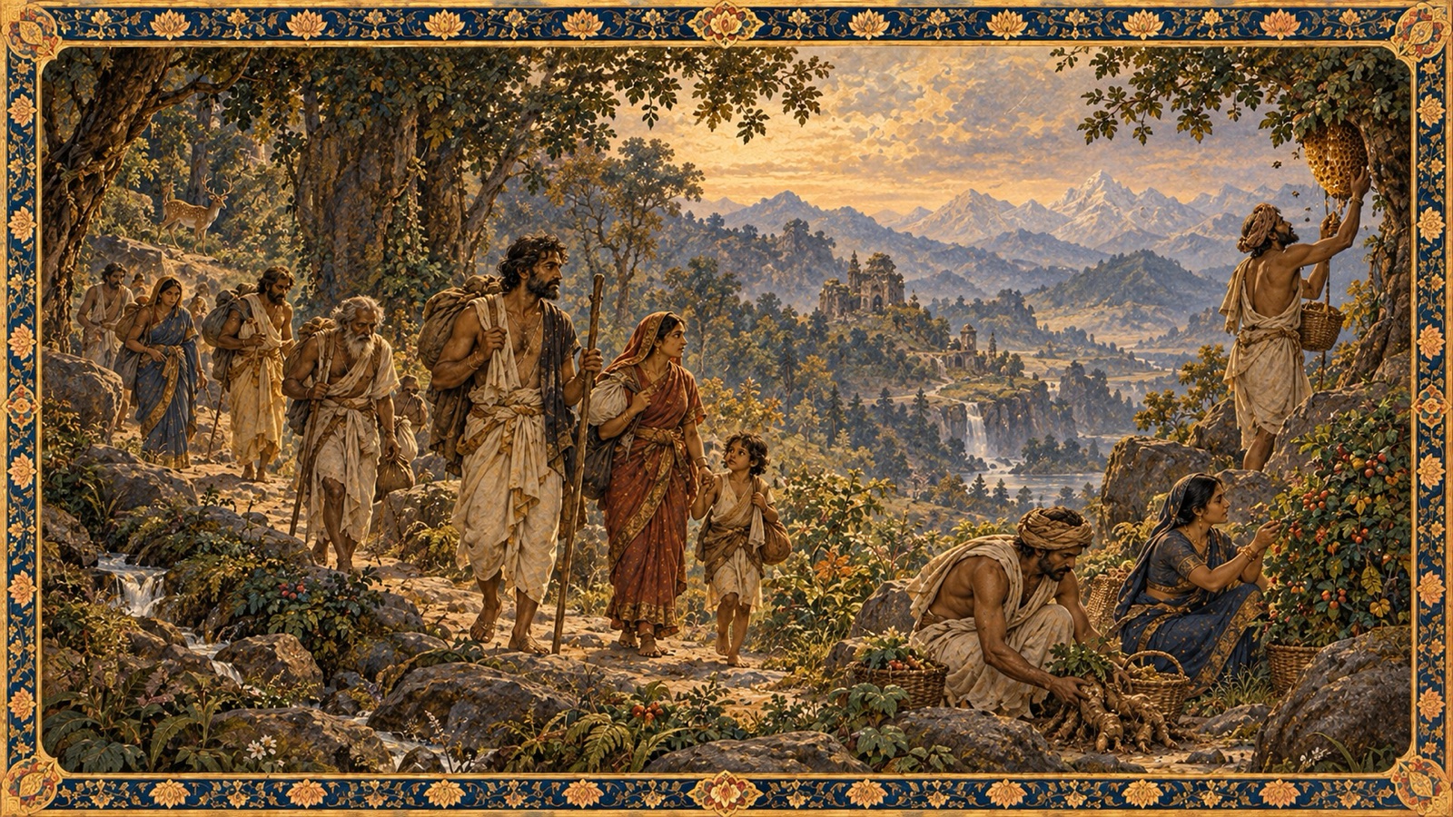 Ordinary people fleeing to mountains and forests, gathering roots and fruit in the harsh age of Kali
