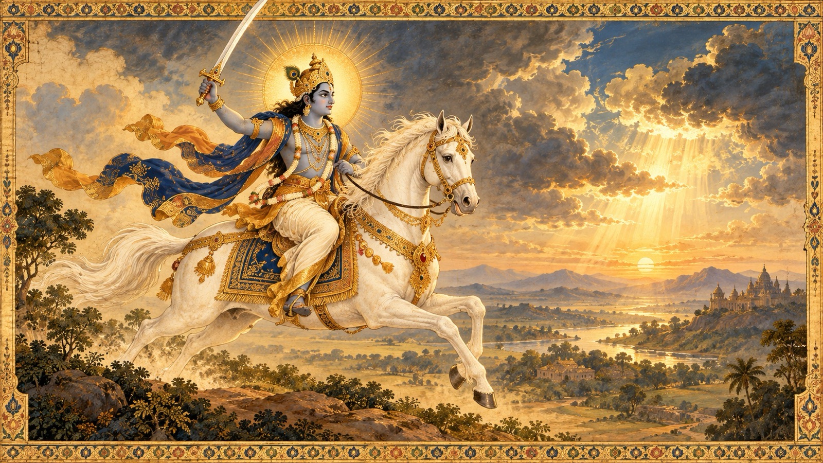 The Lord descending as Kalki mounted upon the swift white horse Devadatta, sword in hand