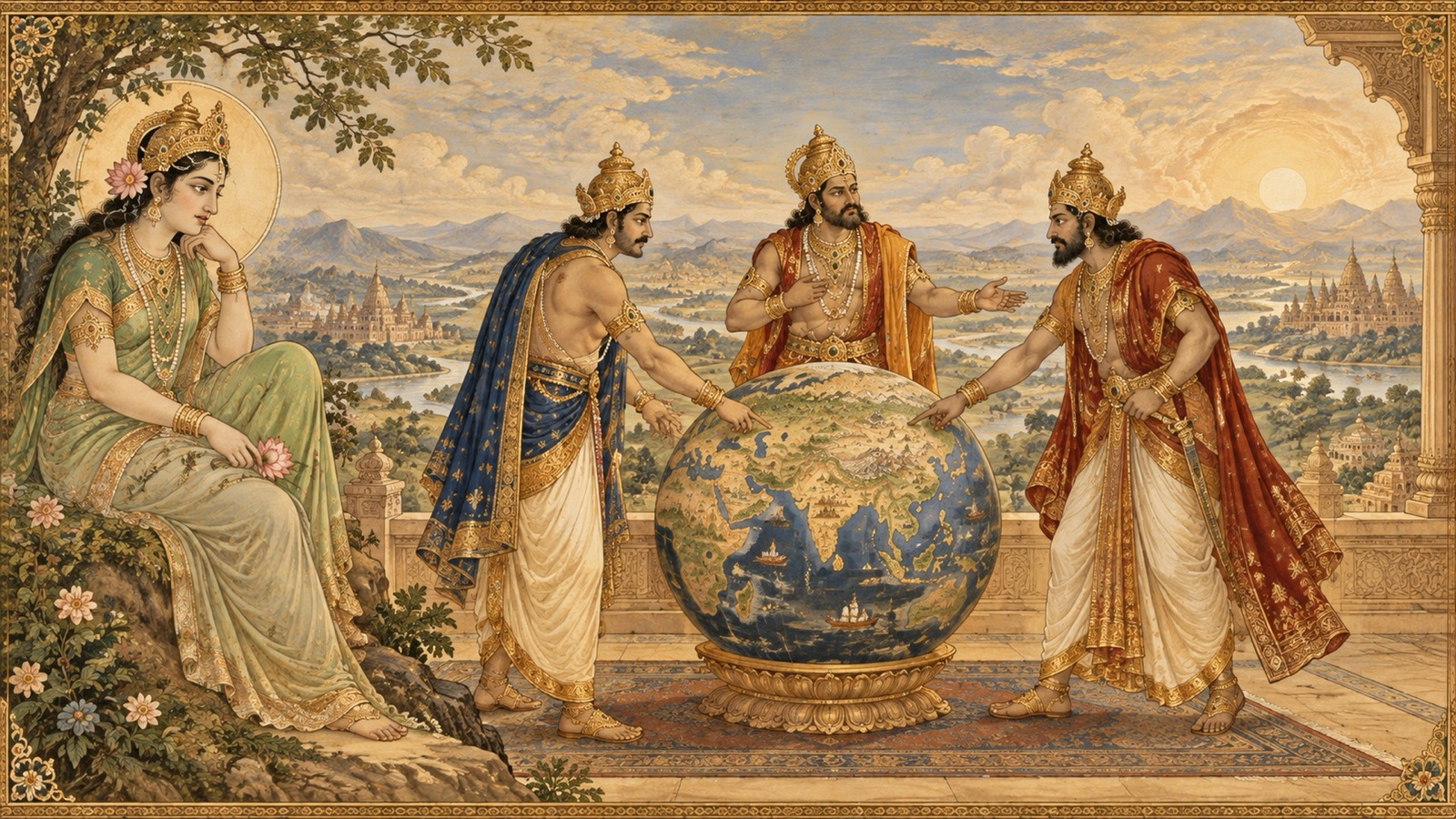 Rival kings contending over the earth while Mother Earth looks on unmoved