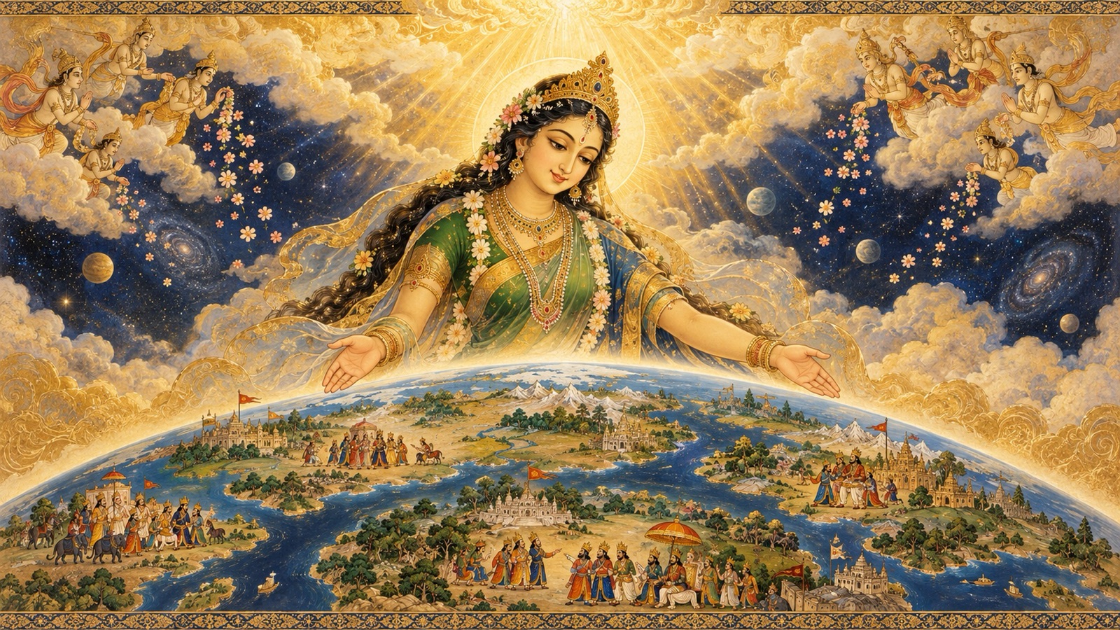 Mother Earth as a serene presence observing crowned kings contend below, with the light of the holy Name shining above