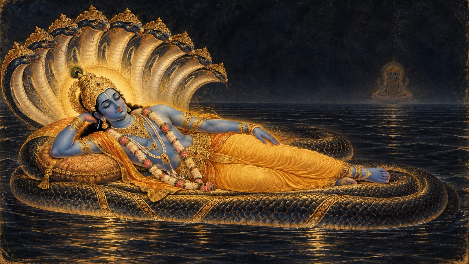 Lord Narayana reclining upon the serpent Ananta as the three worlds are withdrawn during the night of Brahma