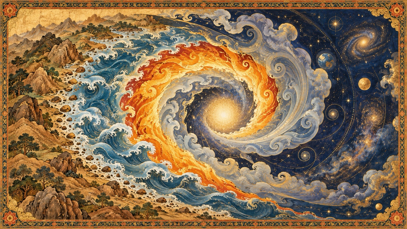 A symbolic vision of the elements merging one into another as the universe returns to unmanifest Prakriti