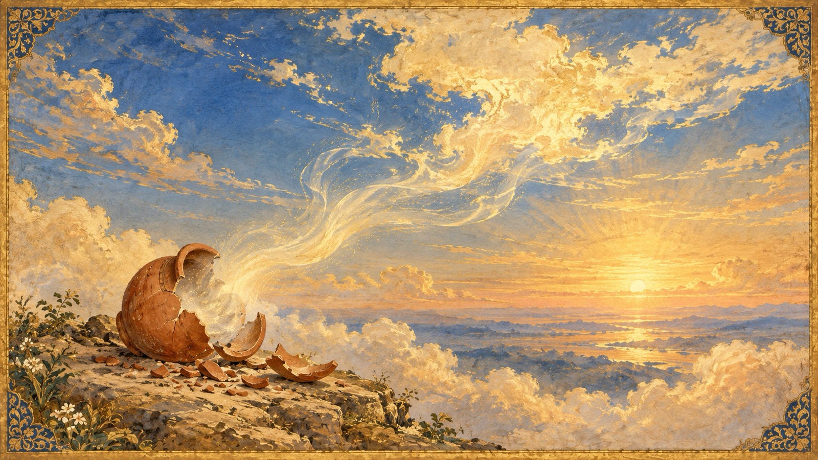 A symbolic image of a broken earthen pot releasing its enclosed space into the boundless sky, illustrating the soul's reunion with Brahma