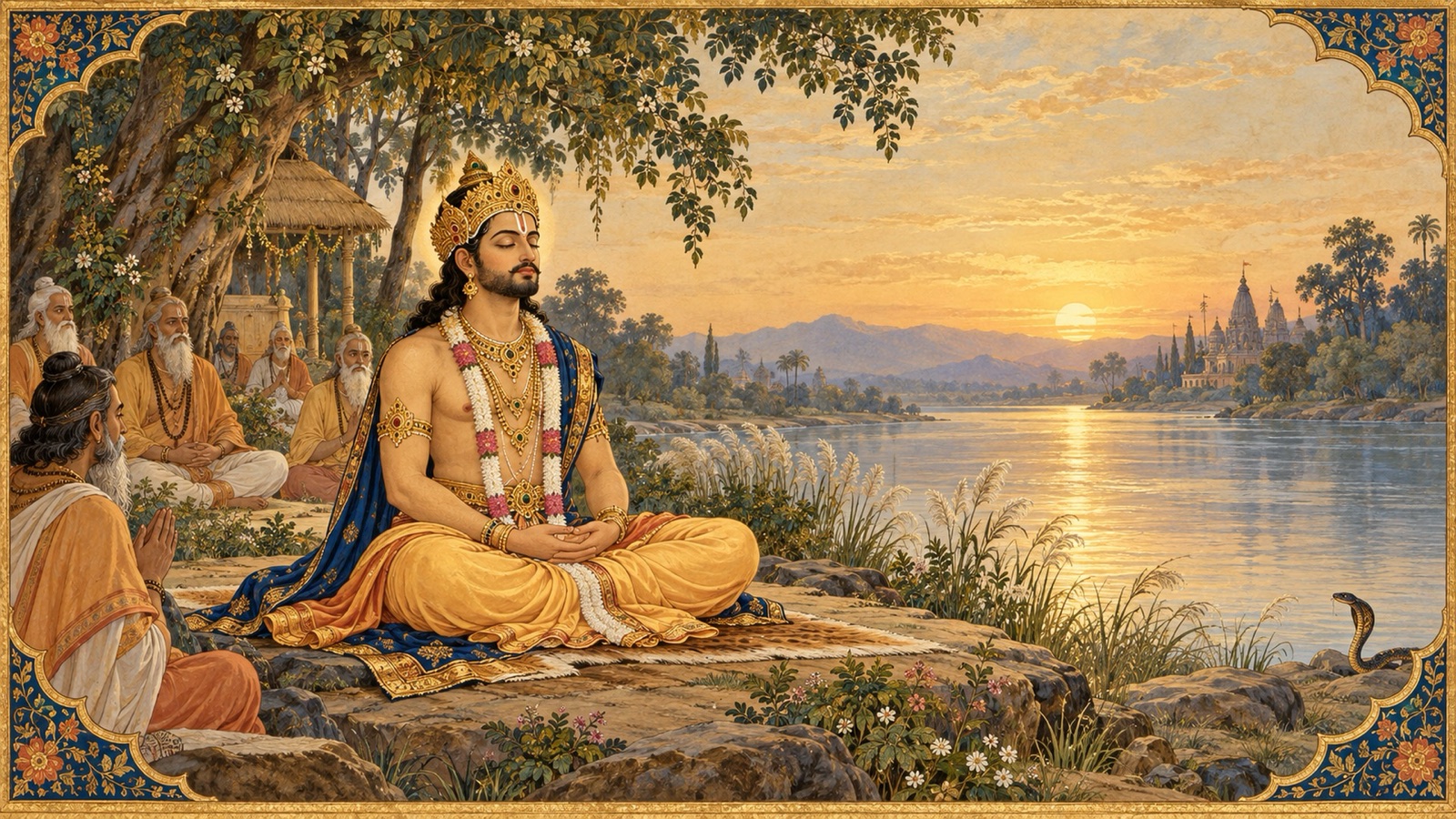 King Parikshit sitting serene and fearless on the bank of the Ganga as the serpent Taksaka approaches