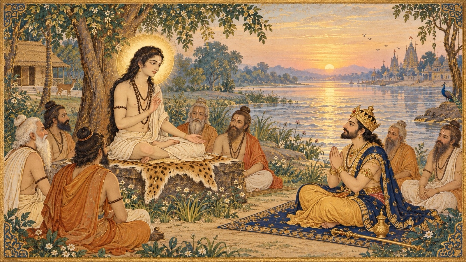 Sukadeva giving King Parikshit his final teaching on the deathless Self by the bank of the Ganga