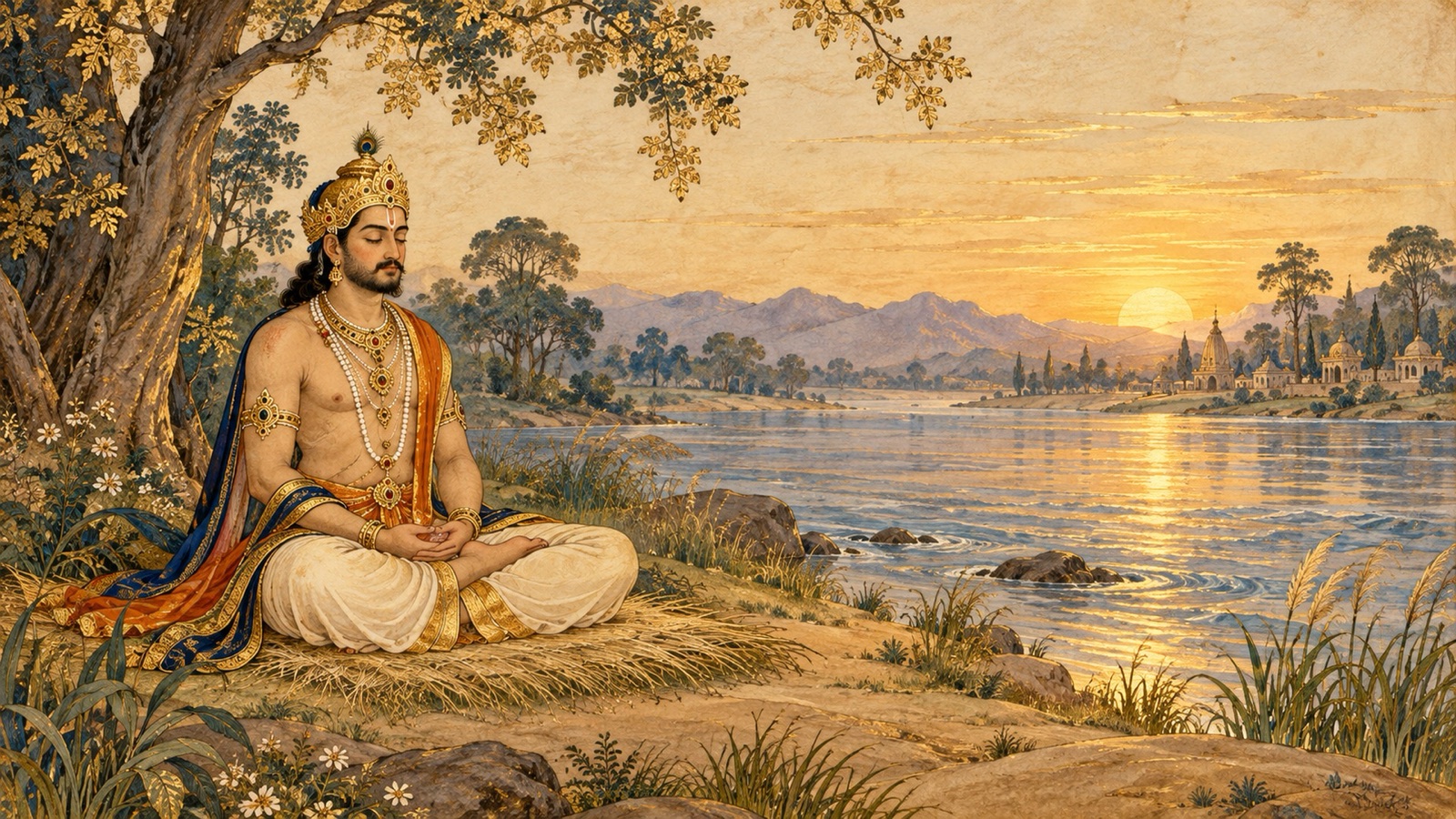 King Parikshit seated on kusha grass on the bank of the Ganga, absorbed in meditation on the Supreme Self