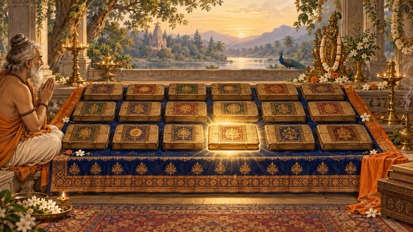 Eighteen palm-leaf volumes of the great Puranas arrayed in reverent order with the Bhagavata radiant among them