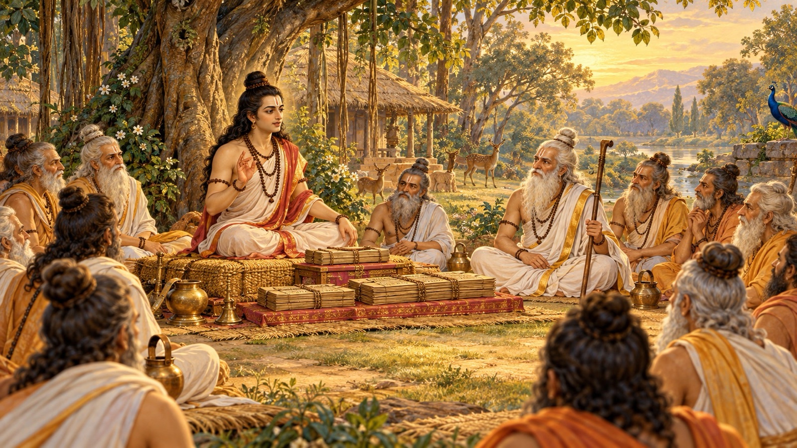 Suta Gosvami seated before the assembled sages of Naimisharanya, palm-leaf scriptures of the eighteen Puranas arrayed before him