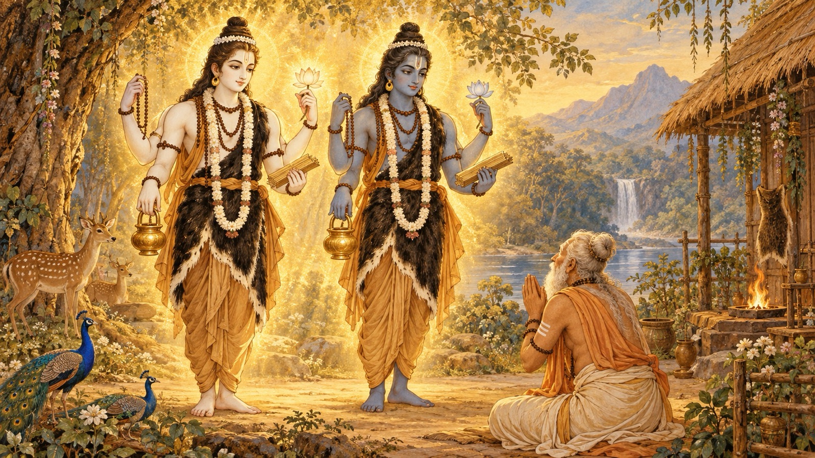 The Lord appearing before Markandeya in the twin ascetic forms of Nara and Narayana, one fair and one dark, radiant as lightning