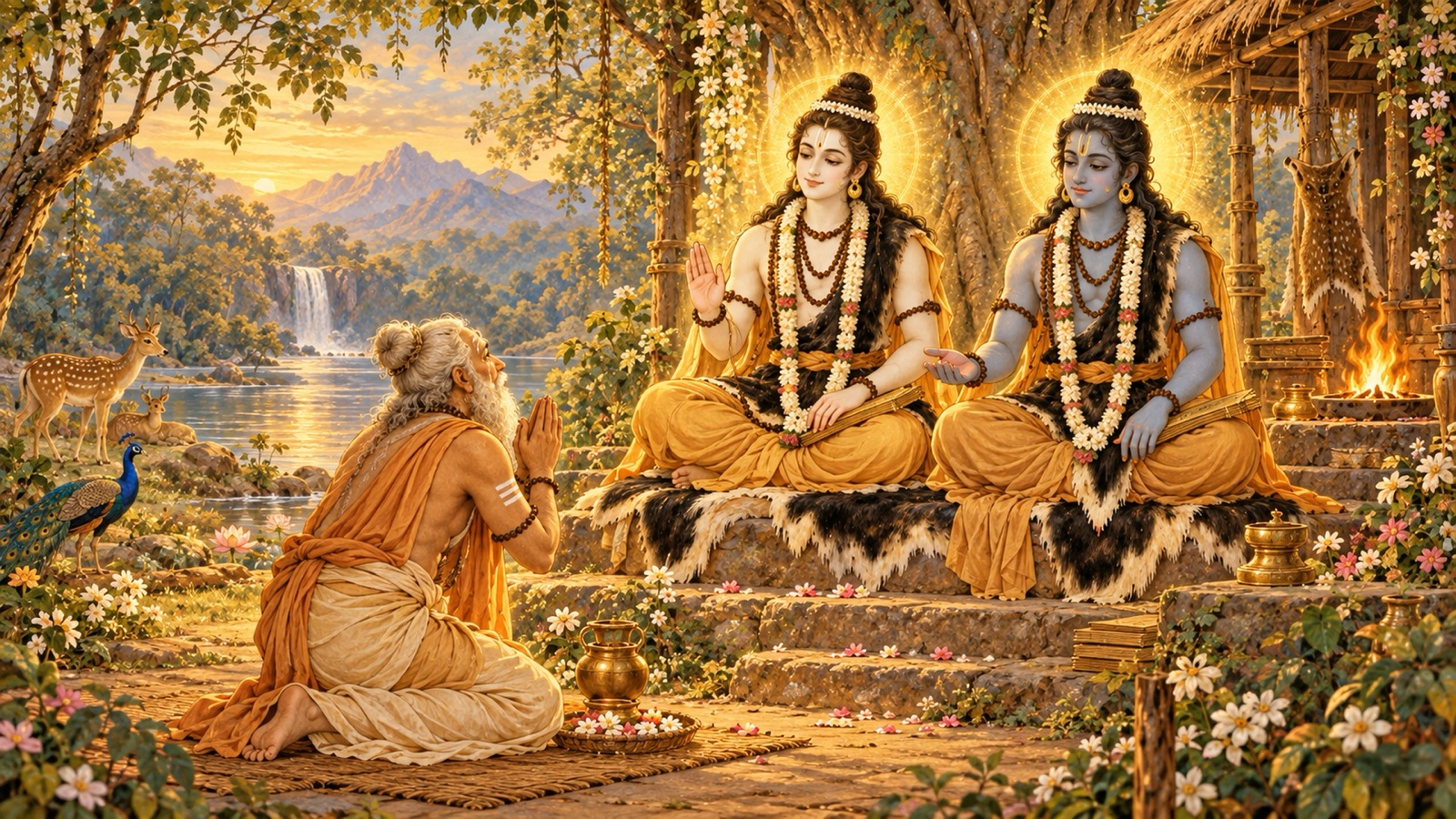 Markandeya kneeling with joined palms in prayer of refuge at the feet of Nara and Narayana