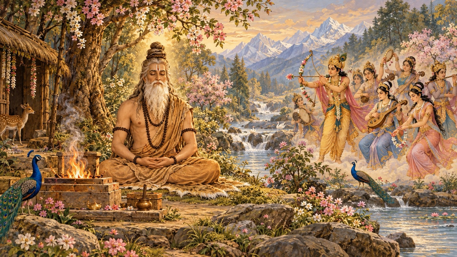The sage Markandeya seated unmoved in deep austerity as celestial dancers and the god of love try in vain to disturb him