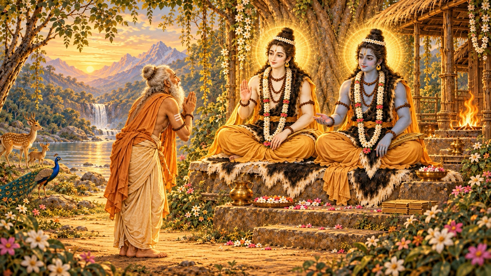 Markandeya with joined palms before Nara and Narayana, asking only to behold the Lord's Maya