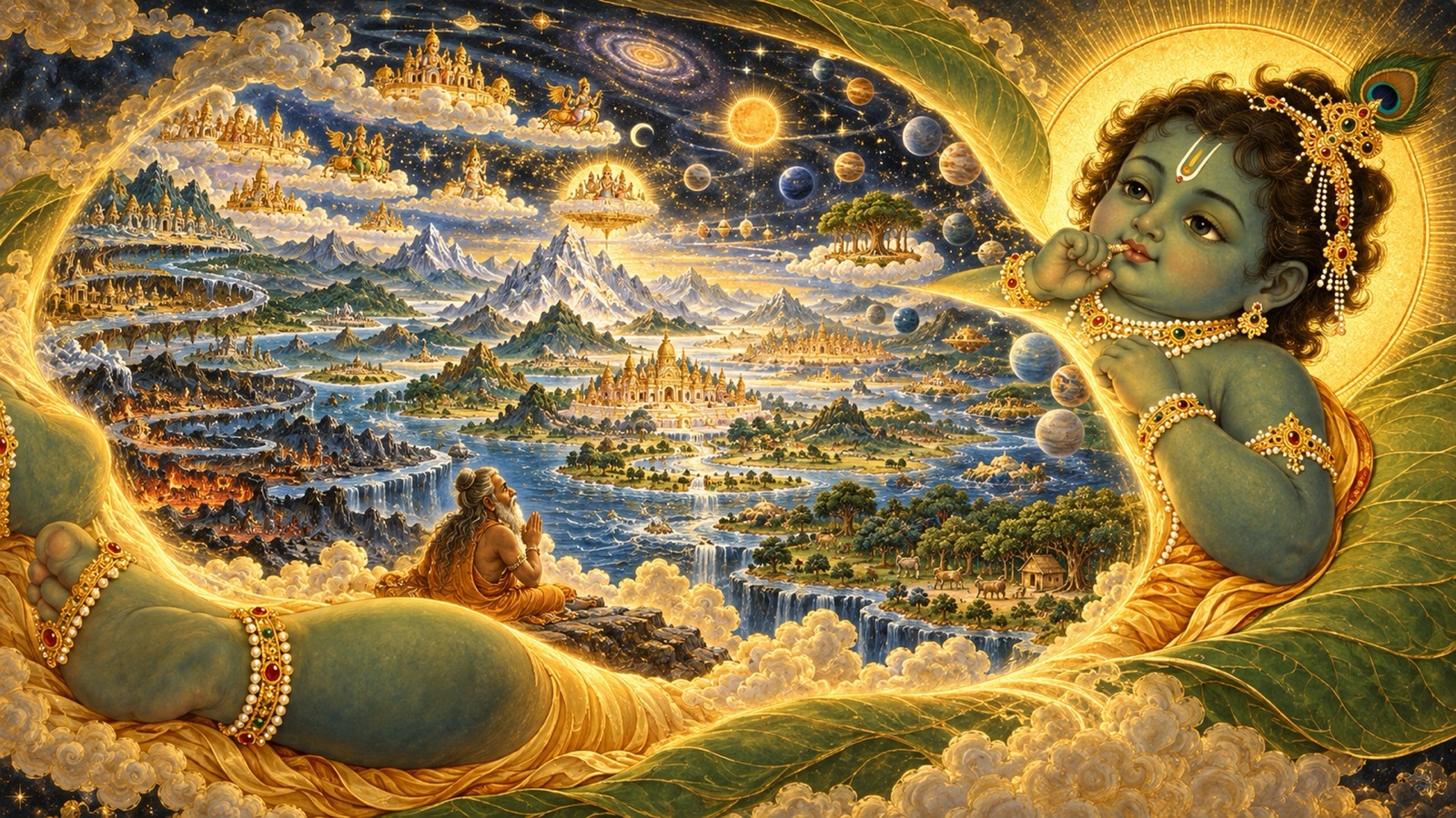 Markandeya beholding the entire universe — heavens, mountains, seas and his own hermitage — arrayed within the body of the divine infant