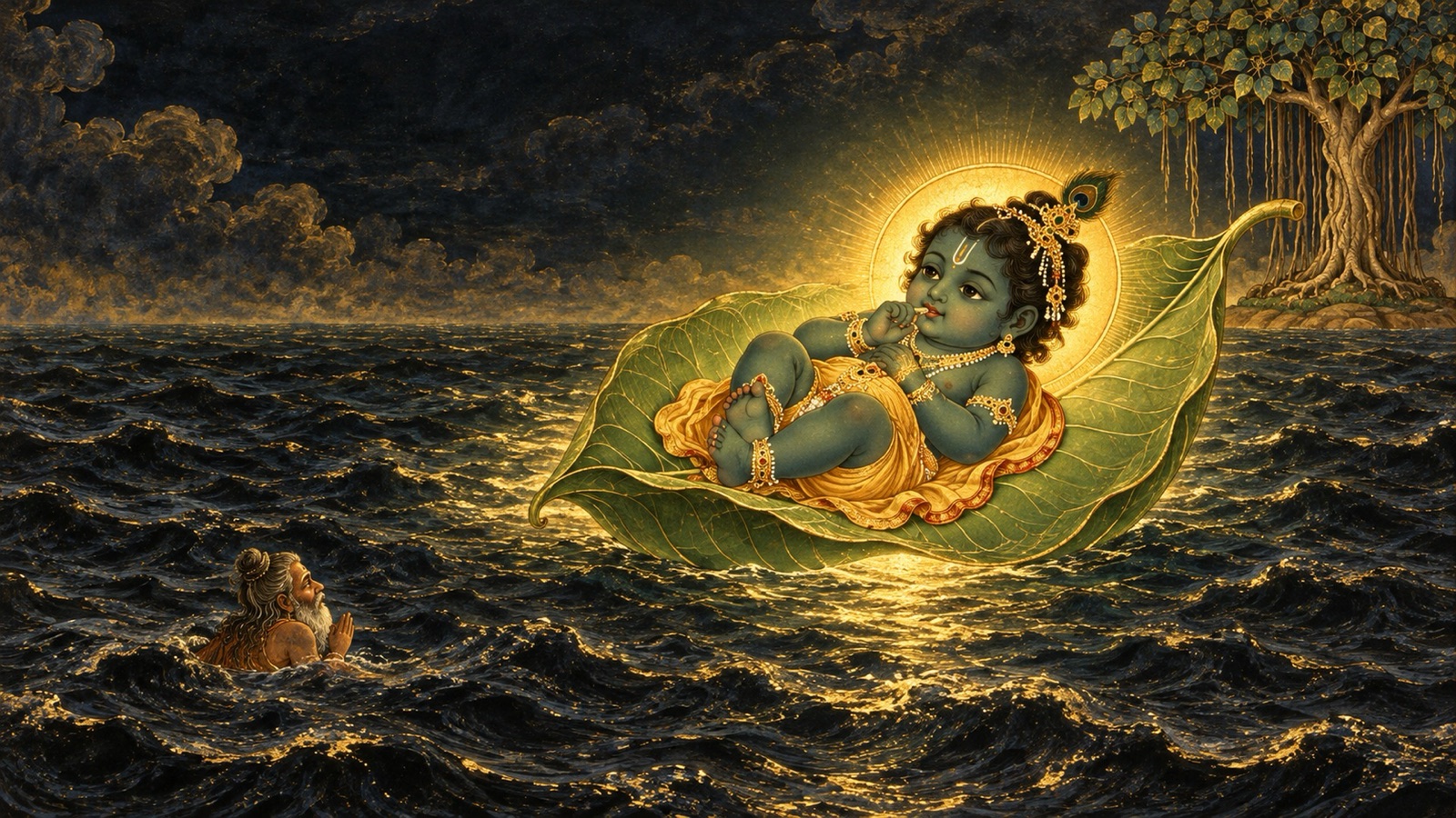The Supreme Lord as a radiant emerald-hued infant resting on a banyan leaf upon the vast ocean of dissolution, with the sage Markandeya gazing in wonder