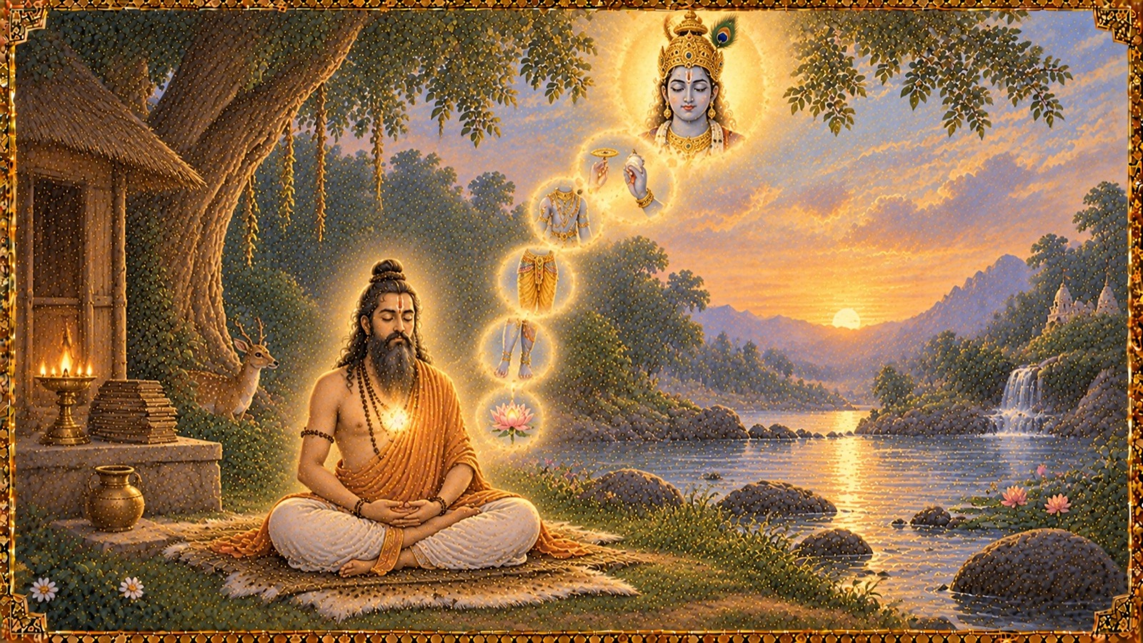 A seated yogi, senses withdrawn and breath stilled, fixing his mind one limb at a time upon the form of the Lord