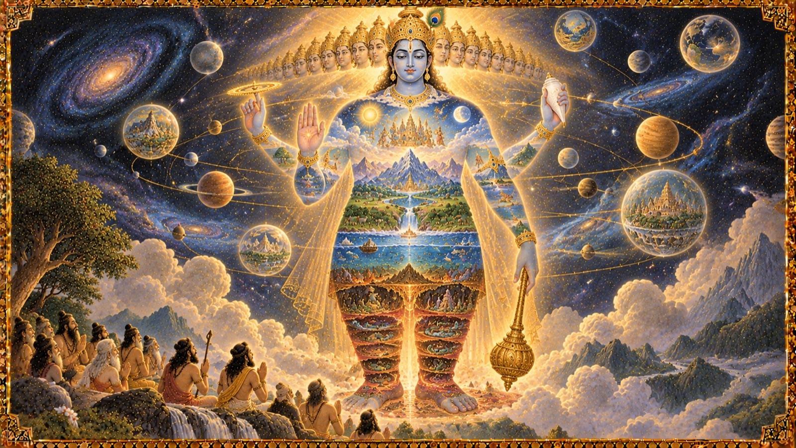 The Virat Purusha, the Cosmic Form of the Lord, in whom the netherworlds are His feet, the earth His loins, and the heavens His breast and face