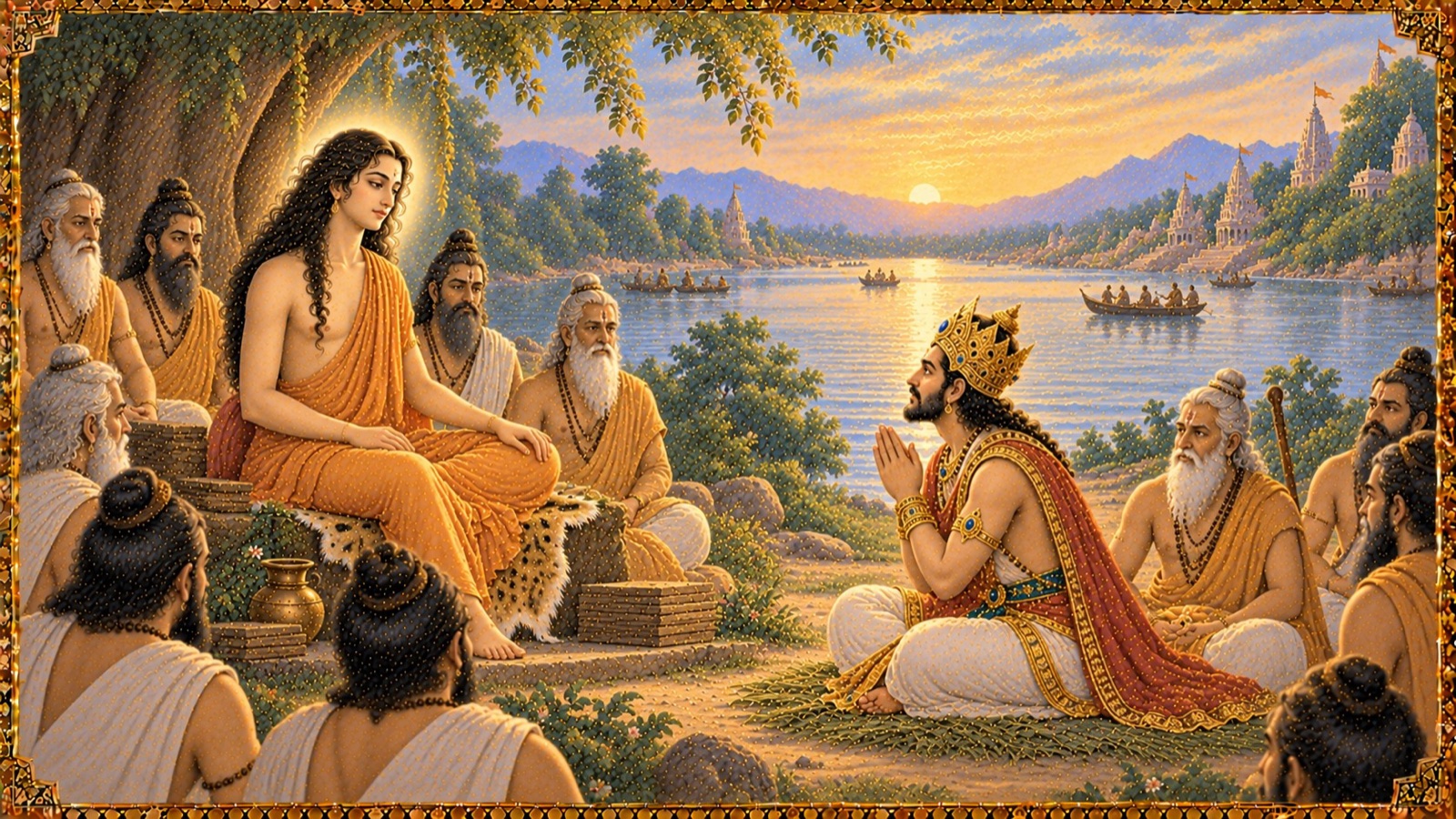 King Parikshit seated before Sukadeva Goswami on the Ganga's bank, asking how the mind's concentration should be held
