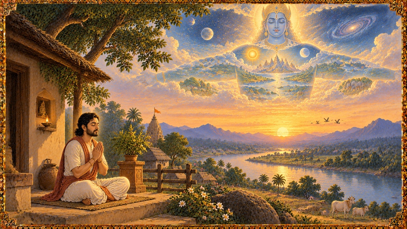 A humble devotee at dawn, hands folded in quiet remembrance of the Lord, sky and earth around suggesting the Cosmic Form present in daily life