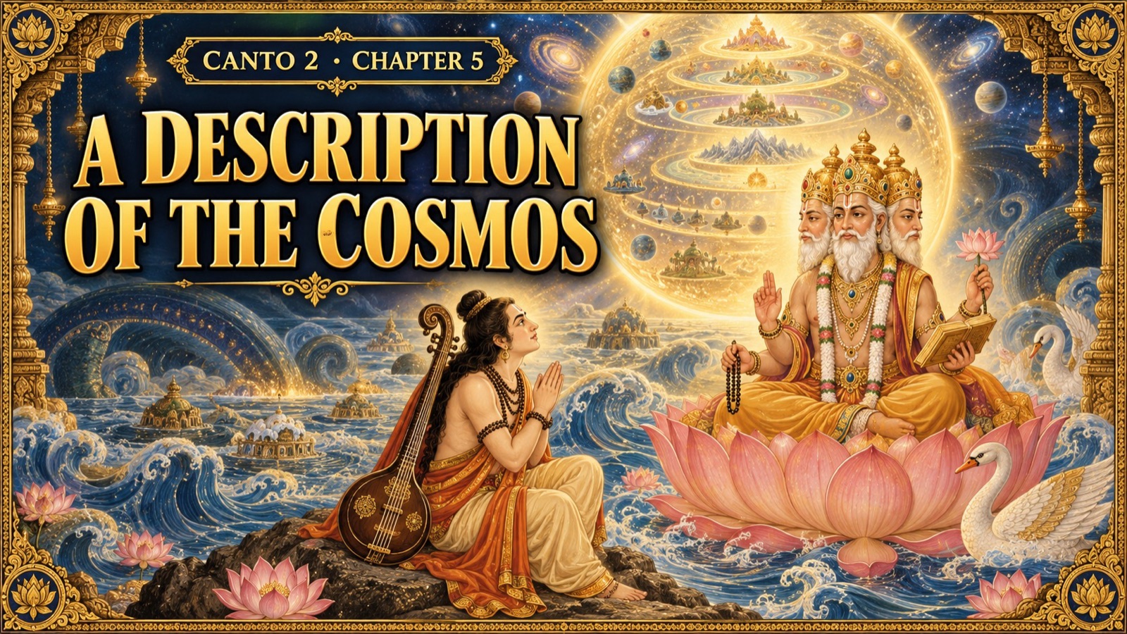 Sukadeva Goswami seated in honour beside the Ganga, beginning his answer to King Parikshit's question