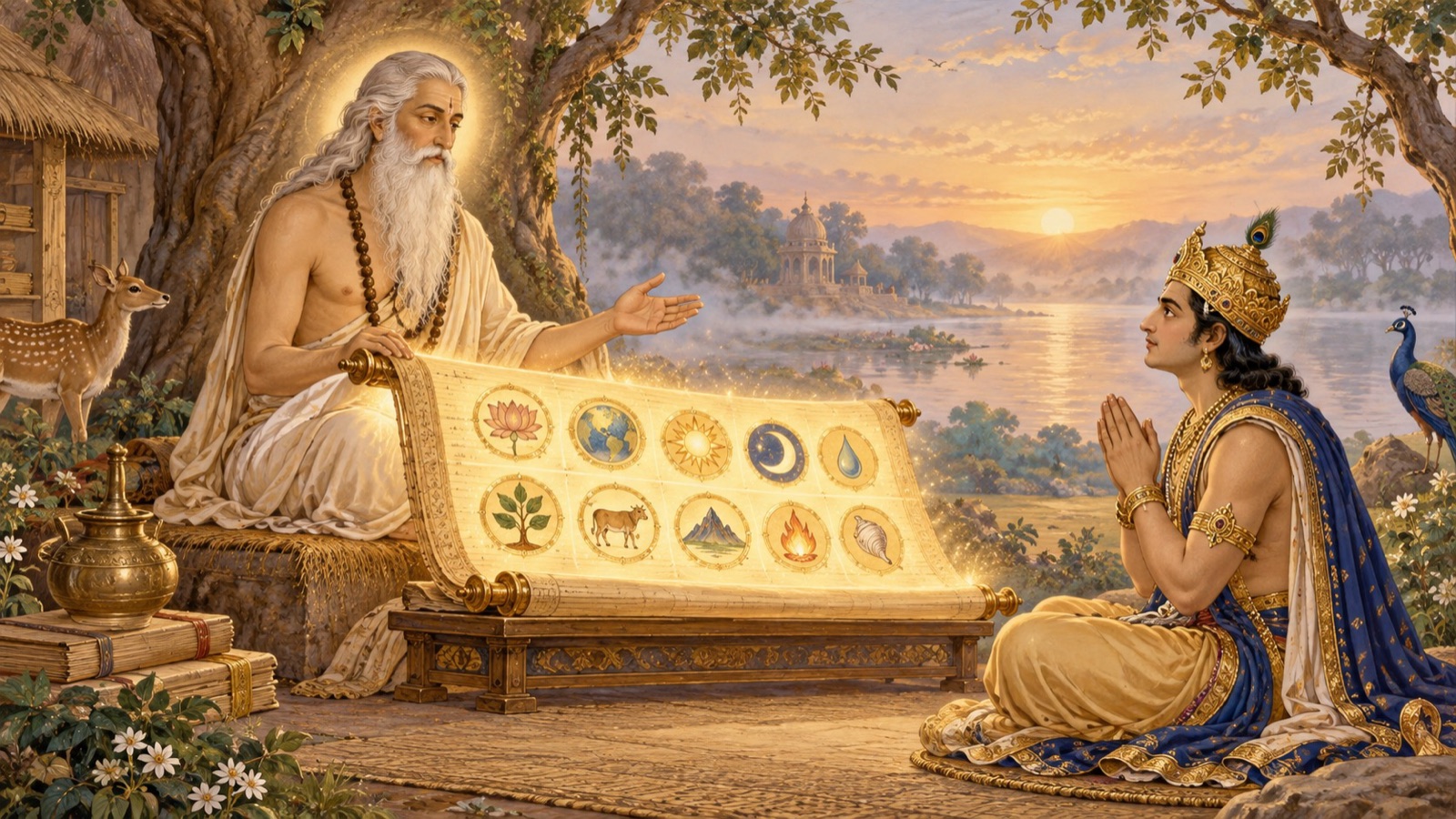 Sri Sukadeva Gosvami addressing King Parikshit while naming the ten characteristic topics of the Bhagavata Purana on a radiant scroll