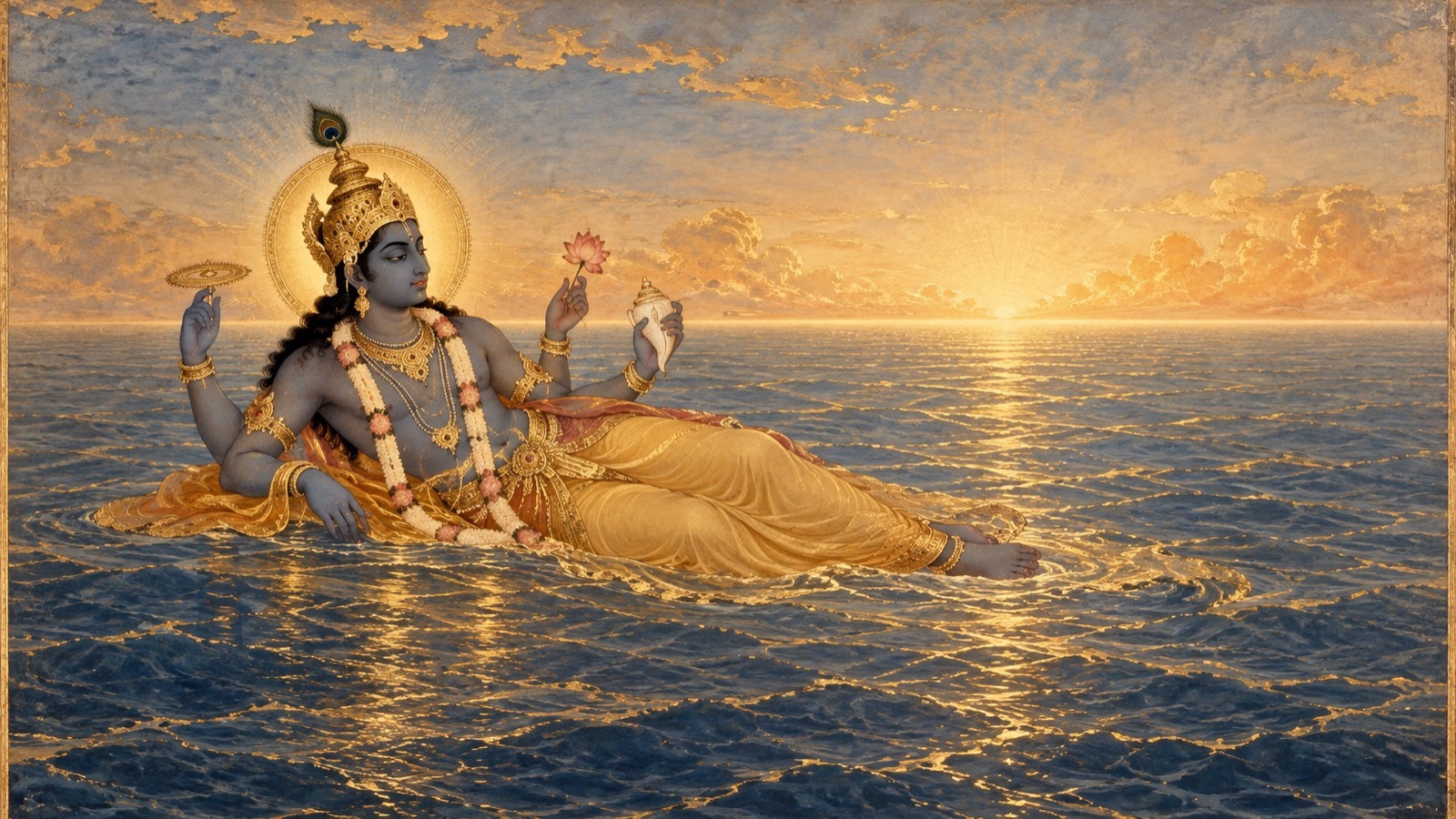 The Cosmic Being alone upon the primordial waters at the dawn of creation, becoming known as Narayana