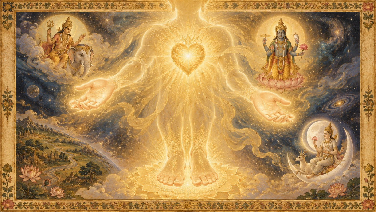 Hands, feet, and a heart emerging from the Cosmic Being with their presiding deities